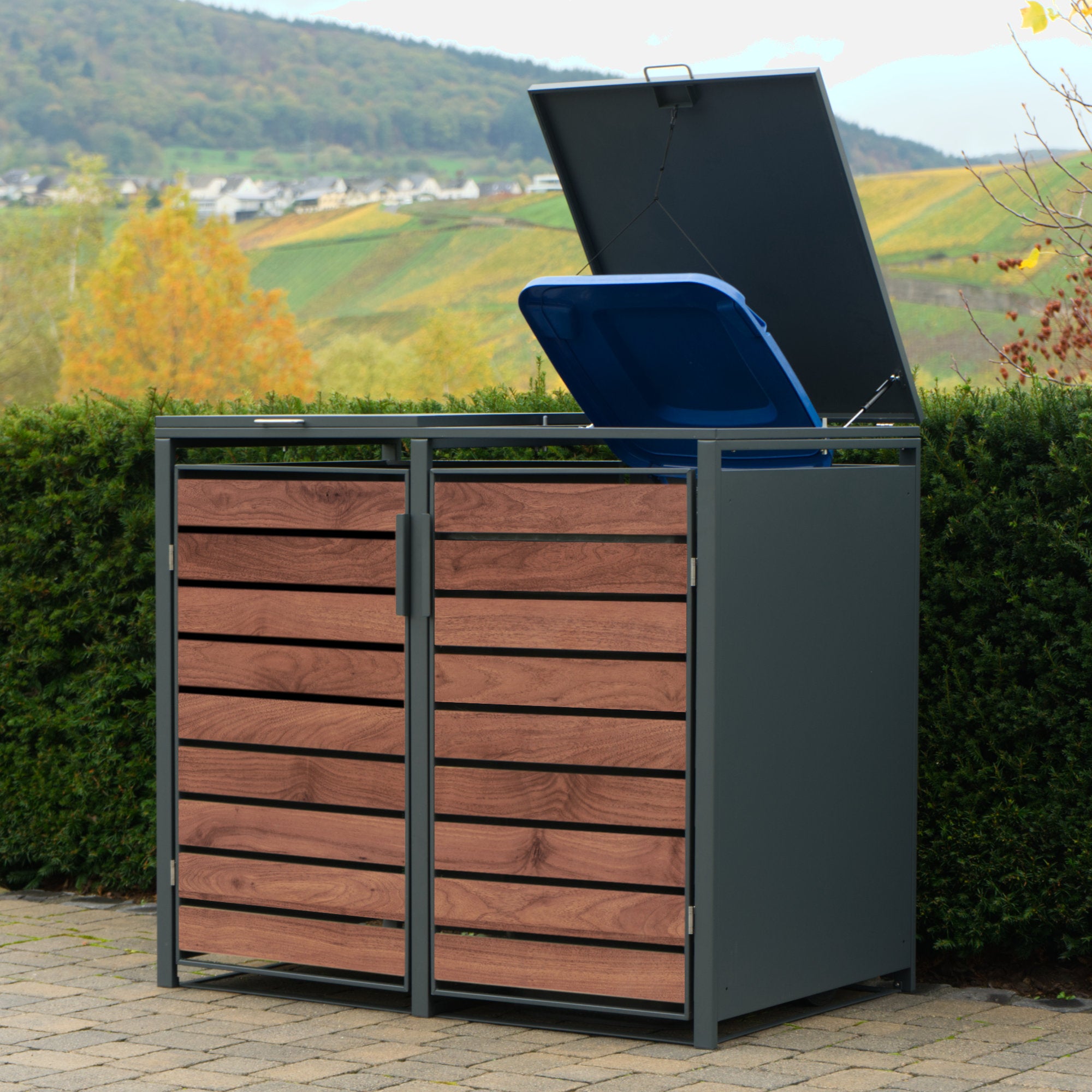 Ensemble de 4 poubelles, anthracite RAL 7016, porte aspect bois