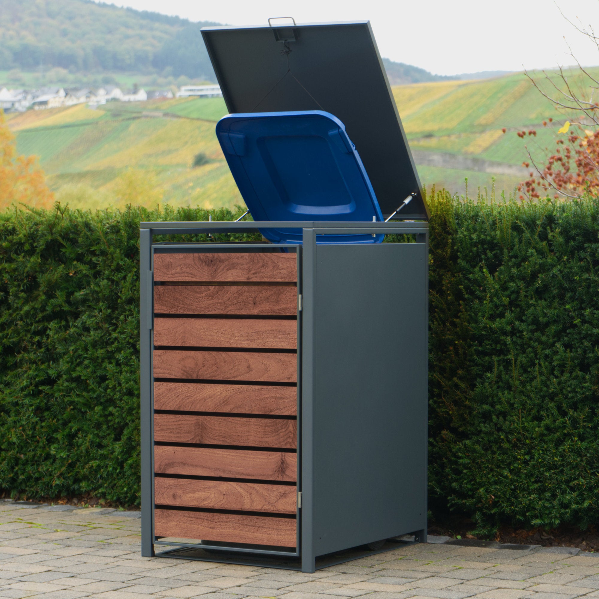 Bin storage box, anthracite RAL 7016, door in wood look