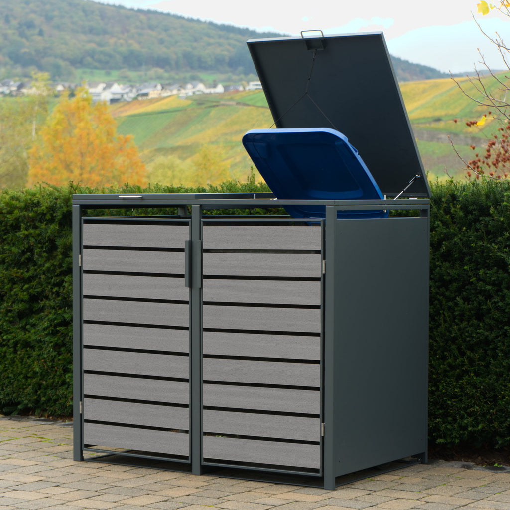 Ensemble de 4 poubelles, anthracite RAL 7016, porte aspect bois