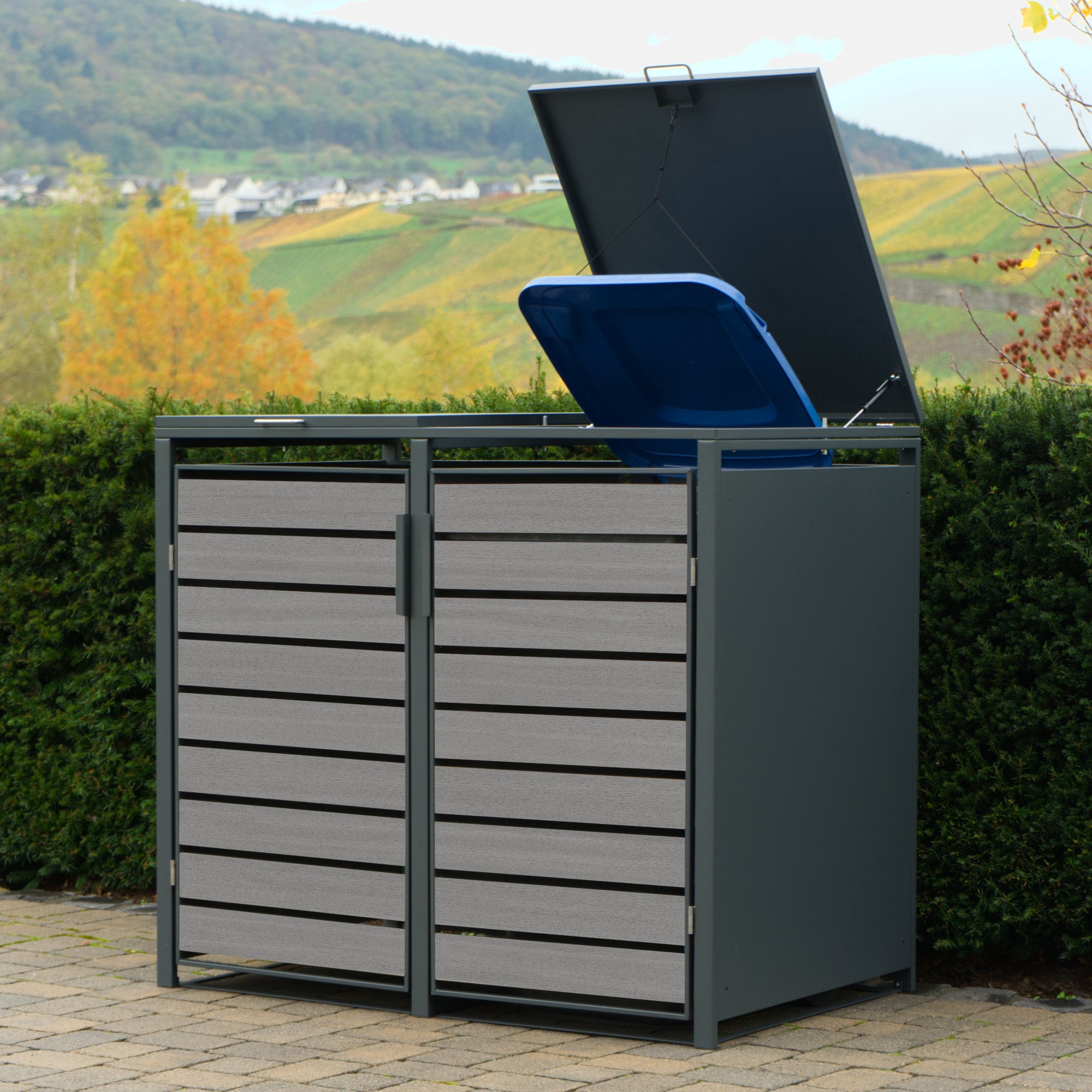 Ensemble de 4 poubelles, anthracite RAL 7016, porte aspect bois