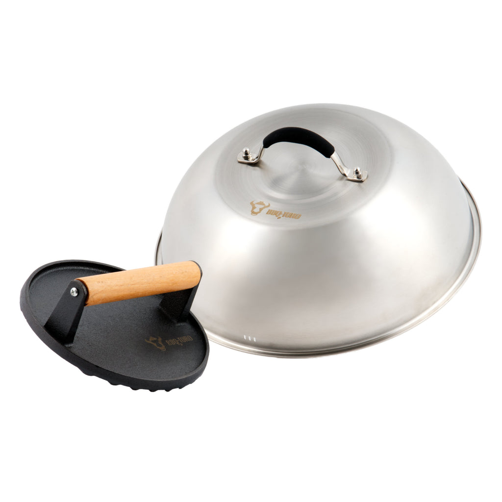 Ensemble de cloches chauffantes, Ø 31,5 cm, acier inoxydable, comprenant un poids à viande en fonte (rond)