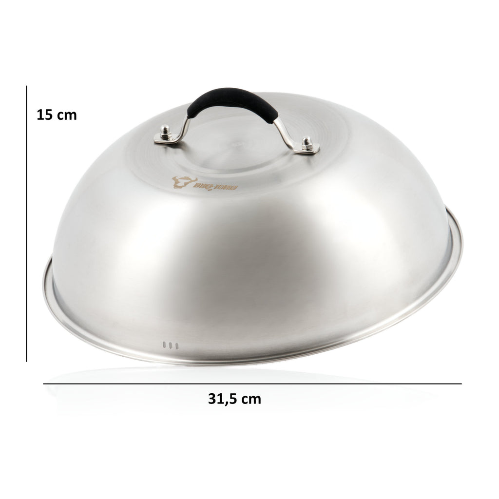 Ensemble de cloches chauffantes, Ø 31,5 cm, acier inoxydable, comprenant un poids à viande en fonte (rond)