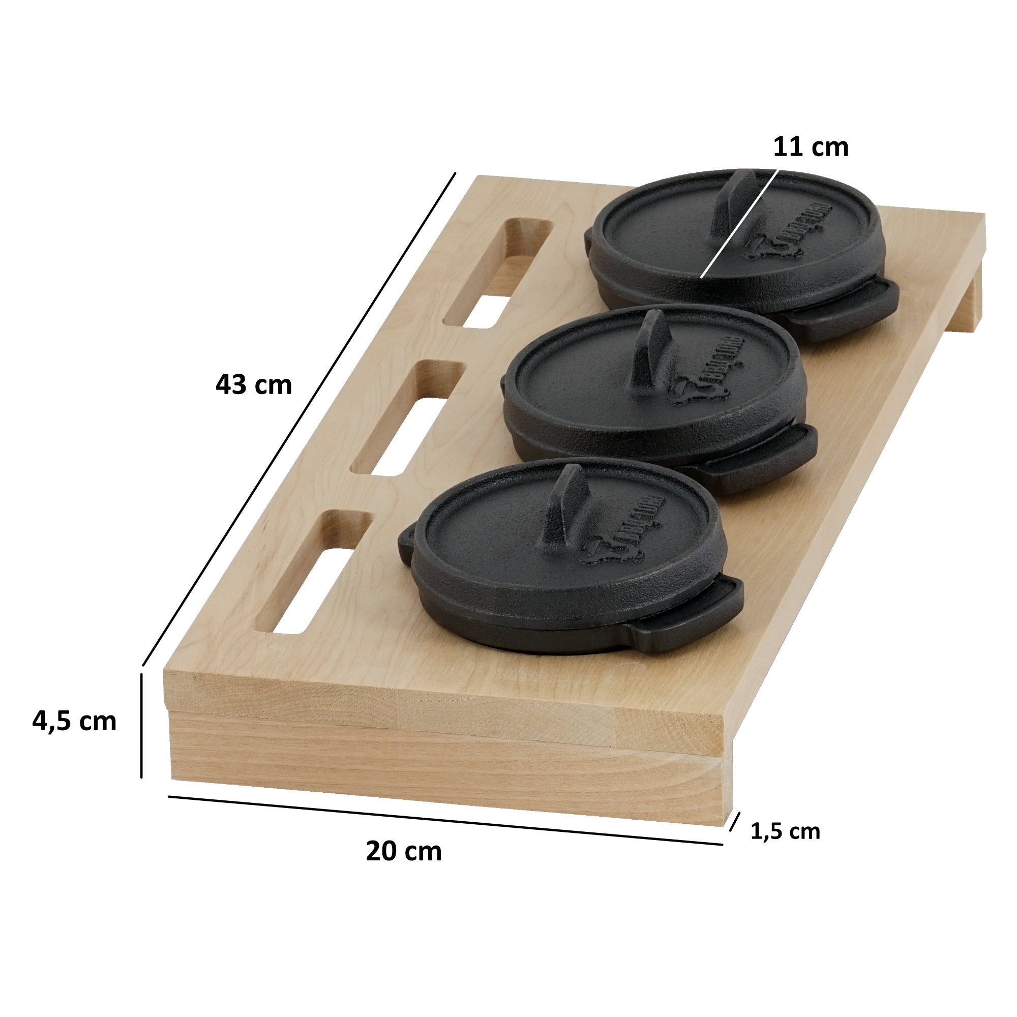 Dutch oven, set of 3, Ø 11 cm, cast iron, including wooden base