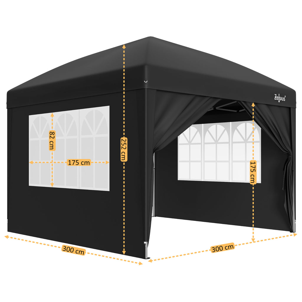 Pavilion with side walls, 3 x 3 m, foldable, including bag.