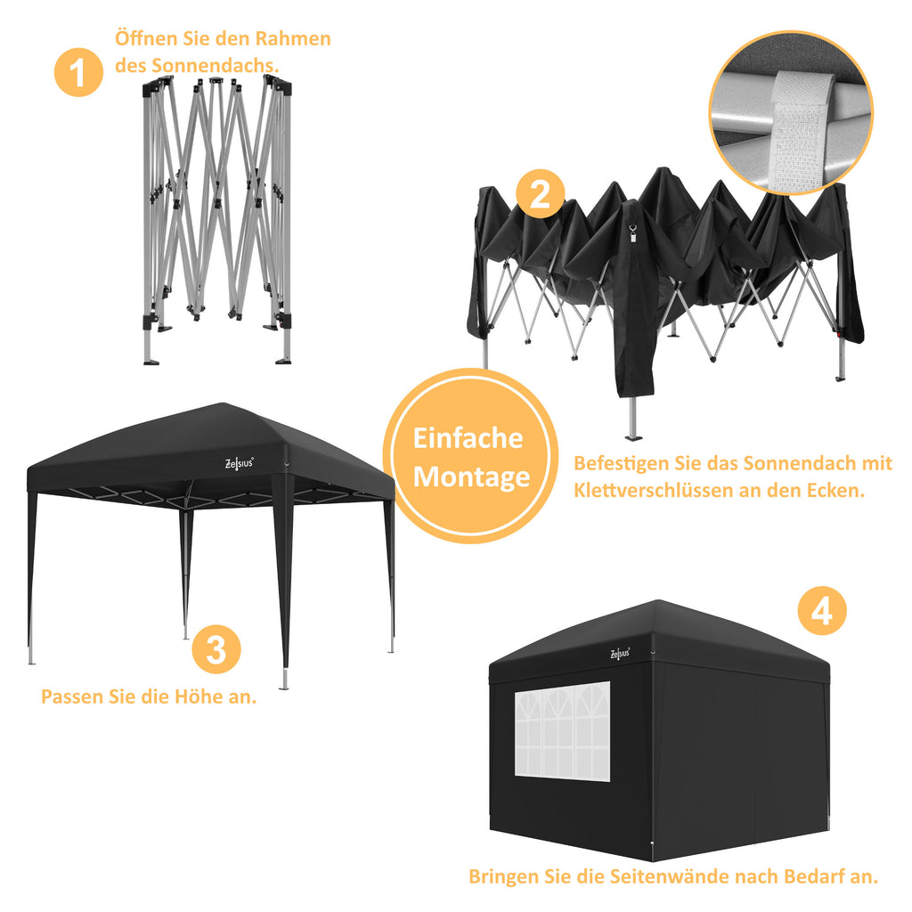 Pavilion with side walls, 3 x 3 m, foldable, including bag.