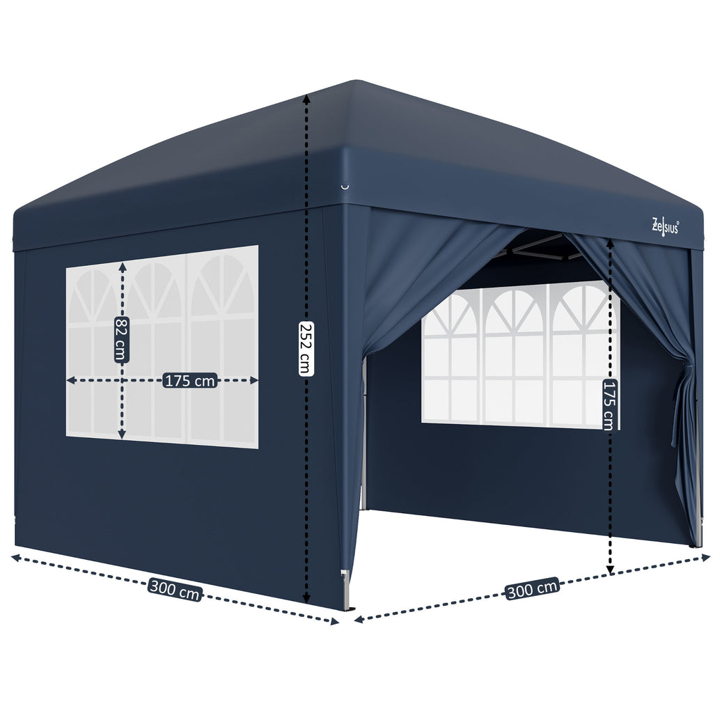 Pavilion with side walls, 3 x 3 m, foldable, including bag.
