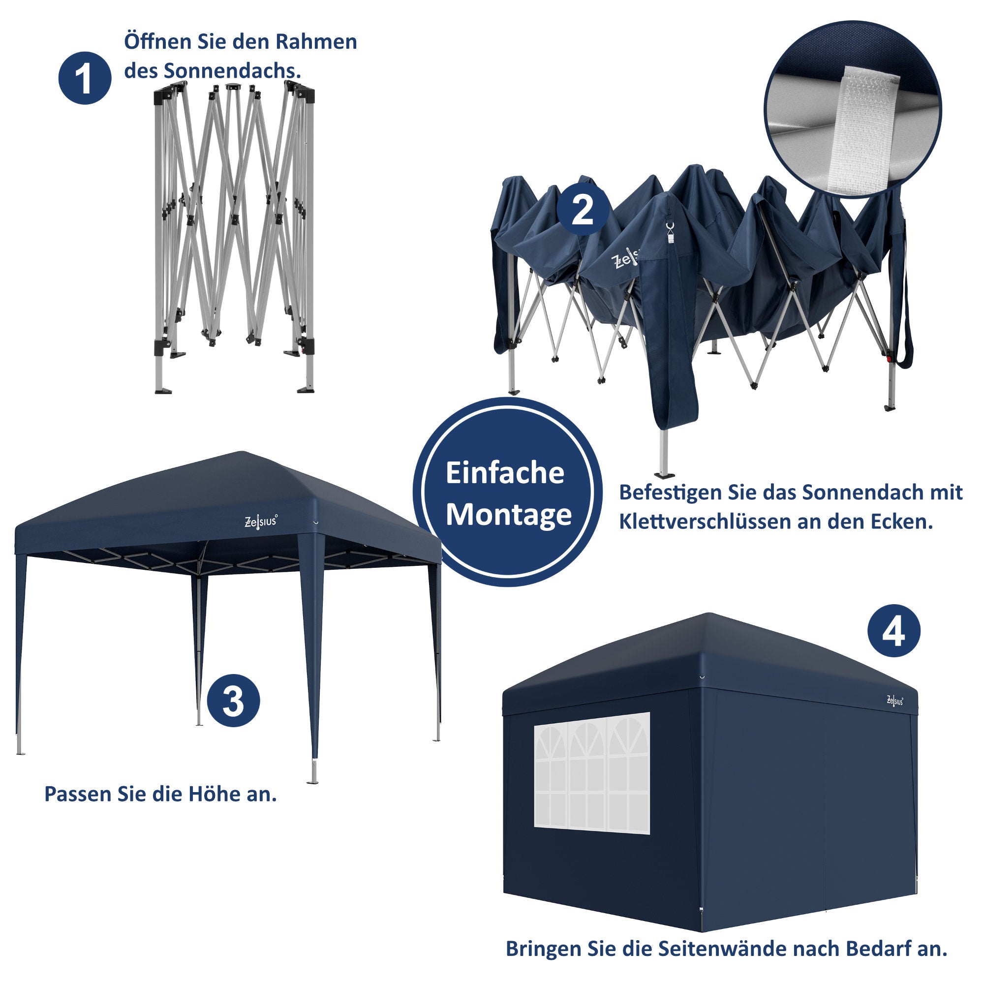 Pavilion with side walls, 3 x 3 m, foldable, including bag.