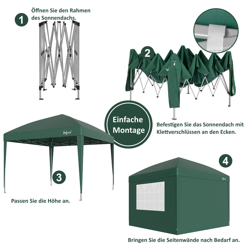 Pavilion with side walls, 3 x 3 m, foldable, including bag.