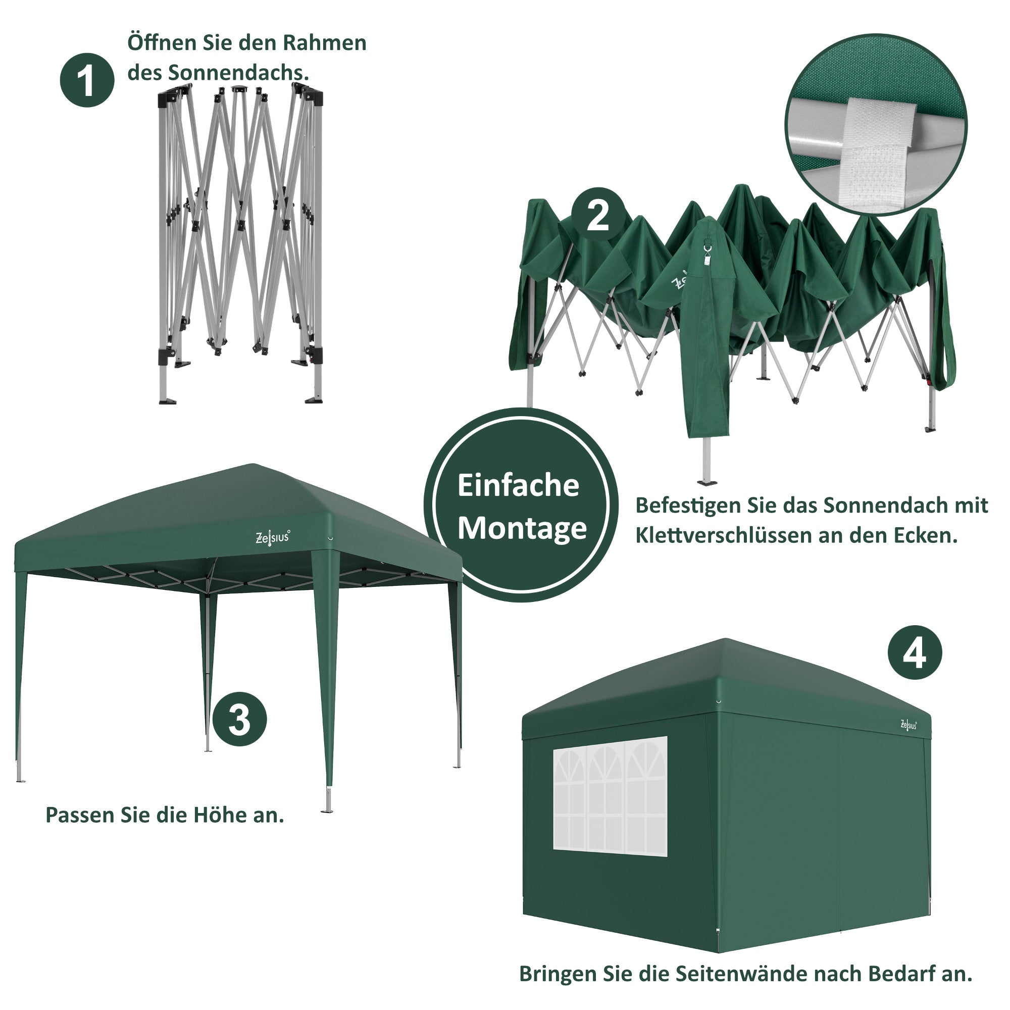 Pavilion with side walls, 3 x 3 m, foldable, including bag.