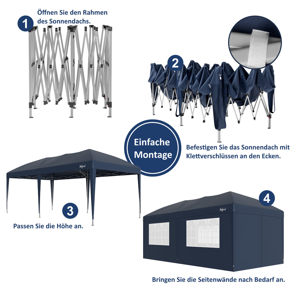Pavilion with side walls, 3 x 6 m, foldable, including bag.