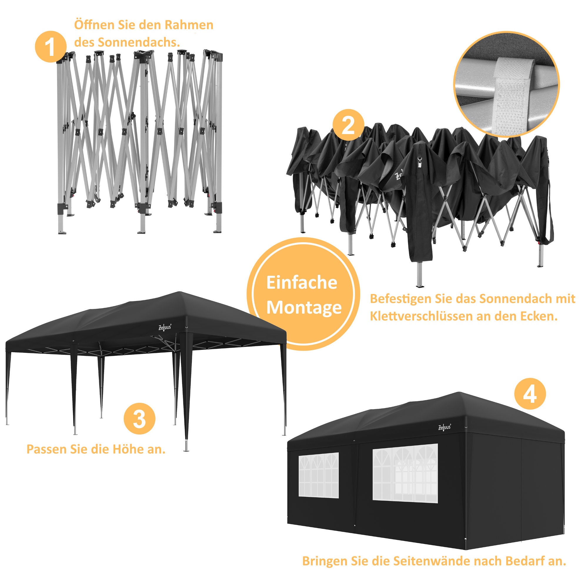 Pavilion with side walls, 3 x 6 m, foldable, including bag.