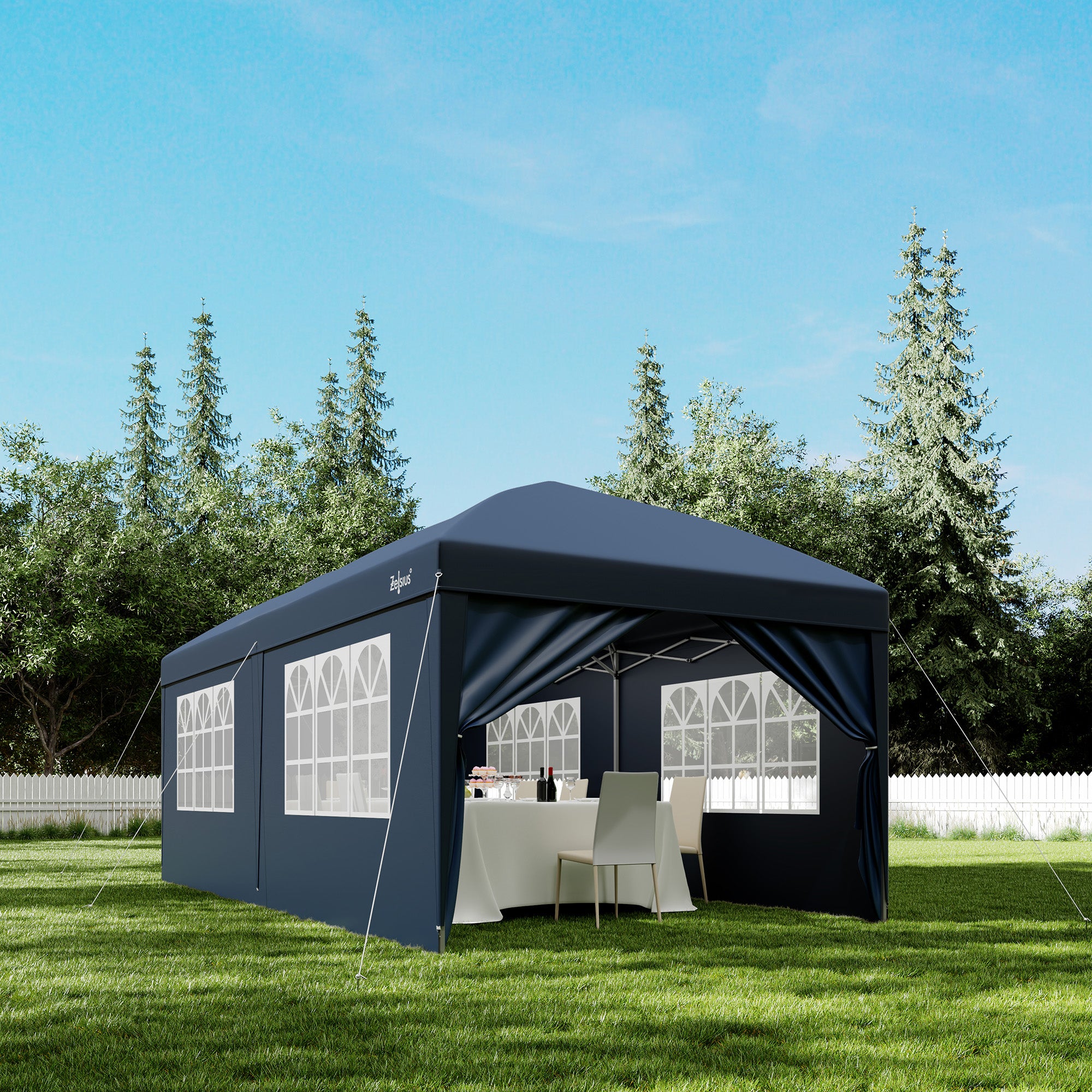 Pavilion with side walls, 3 x 6 m, foldable, including bag.
