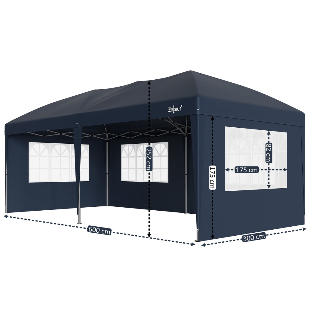 Pavilion with side walls, 3 x 6 m, foldable, including bag.