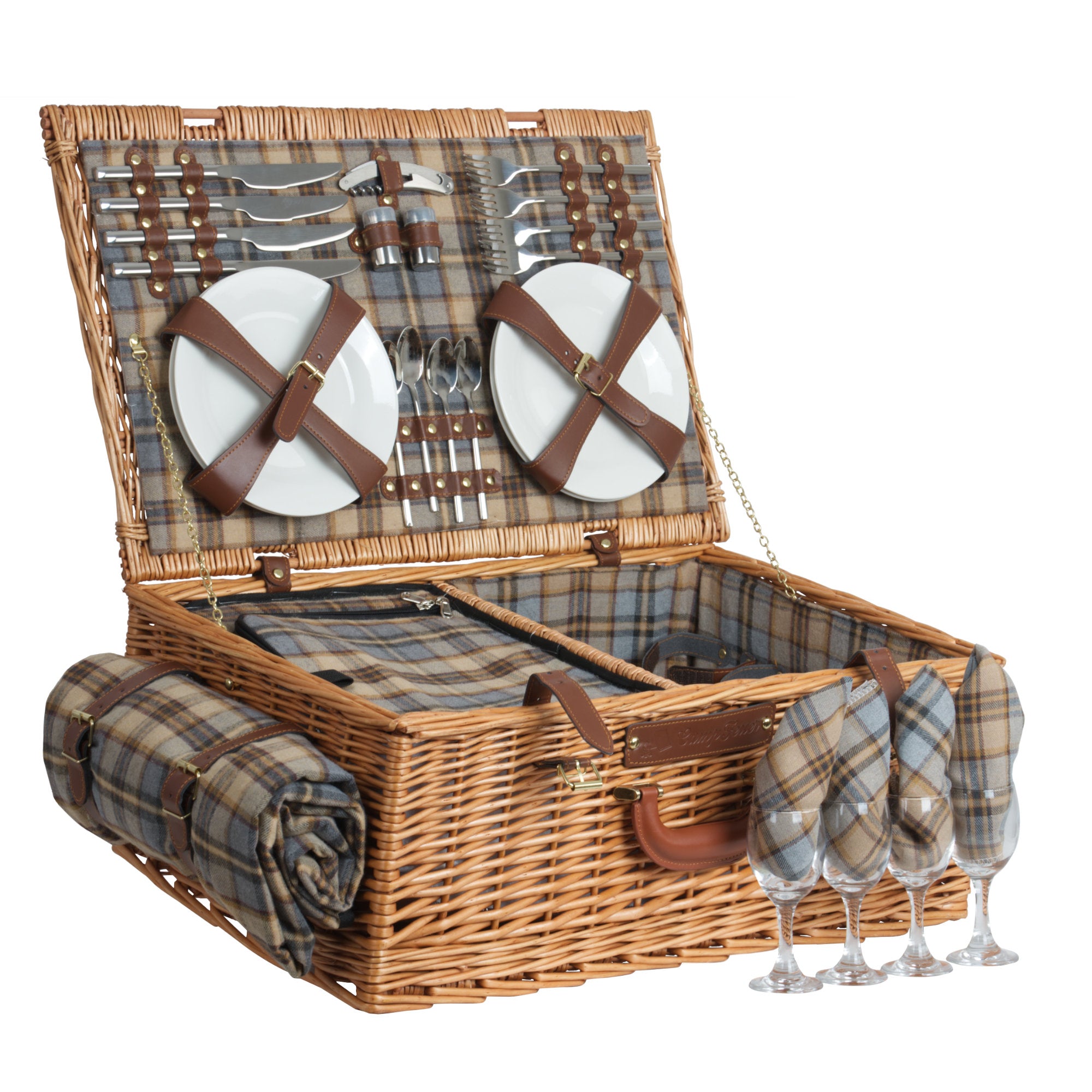 Picnic basket, including cooler compartment and 29-piece dinnerware set, for 4 people