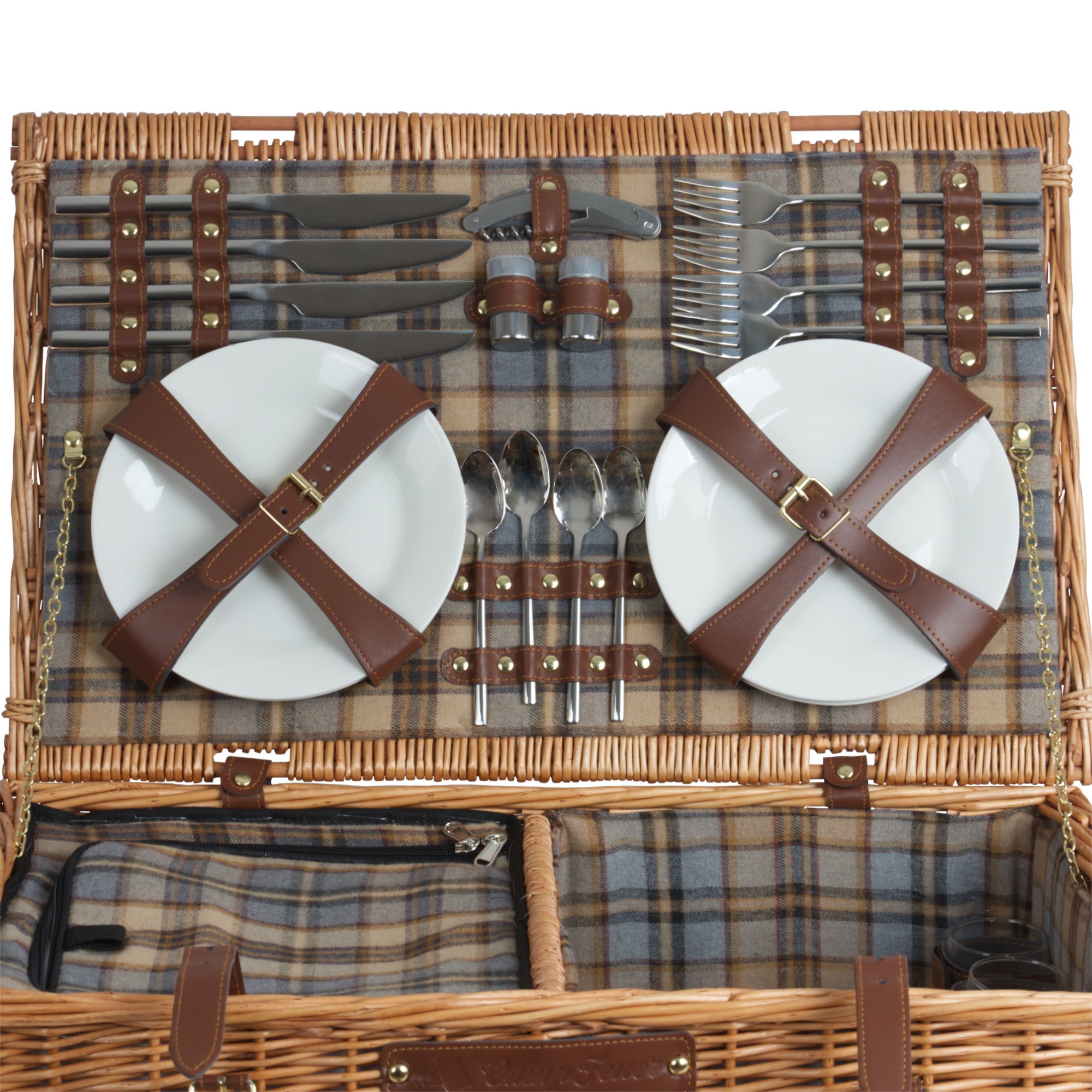 Panier de pique-nique, comprenant un compartiment isotherme et un service de table de 29 pièces, pour 4 personnes