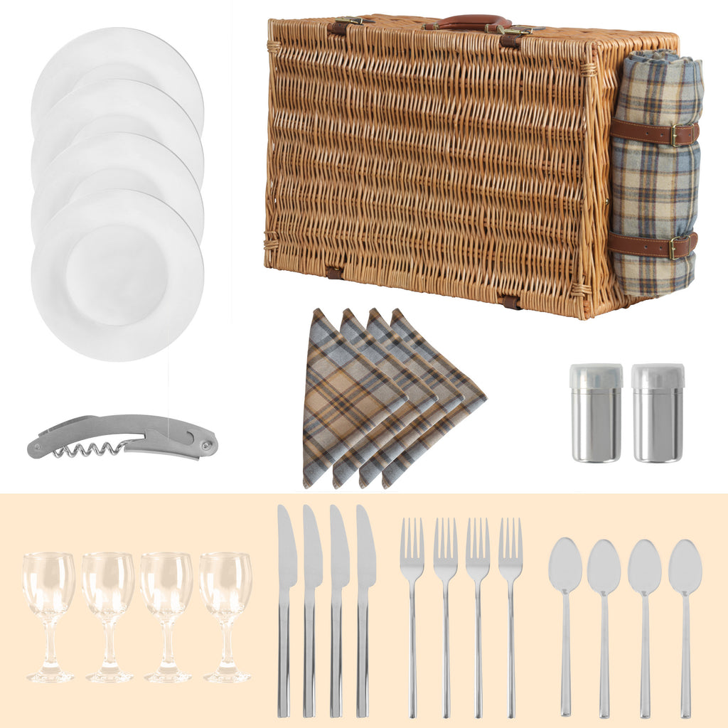 Panier de pique-nique, comprenant un compartiment isotherme et un service de table de 29 pièces, pour 4 personnes