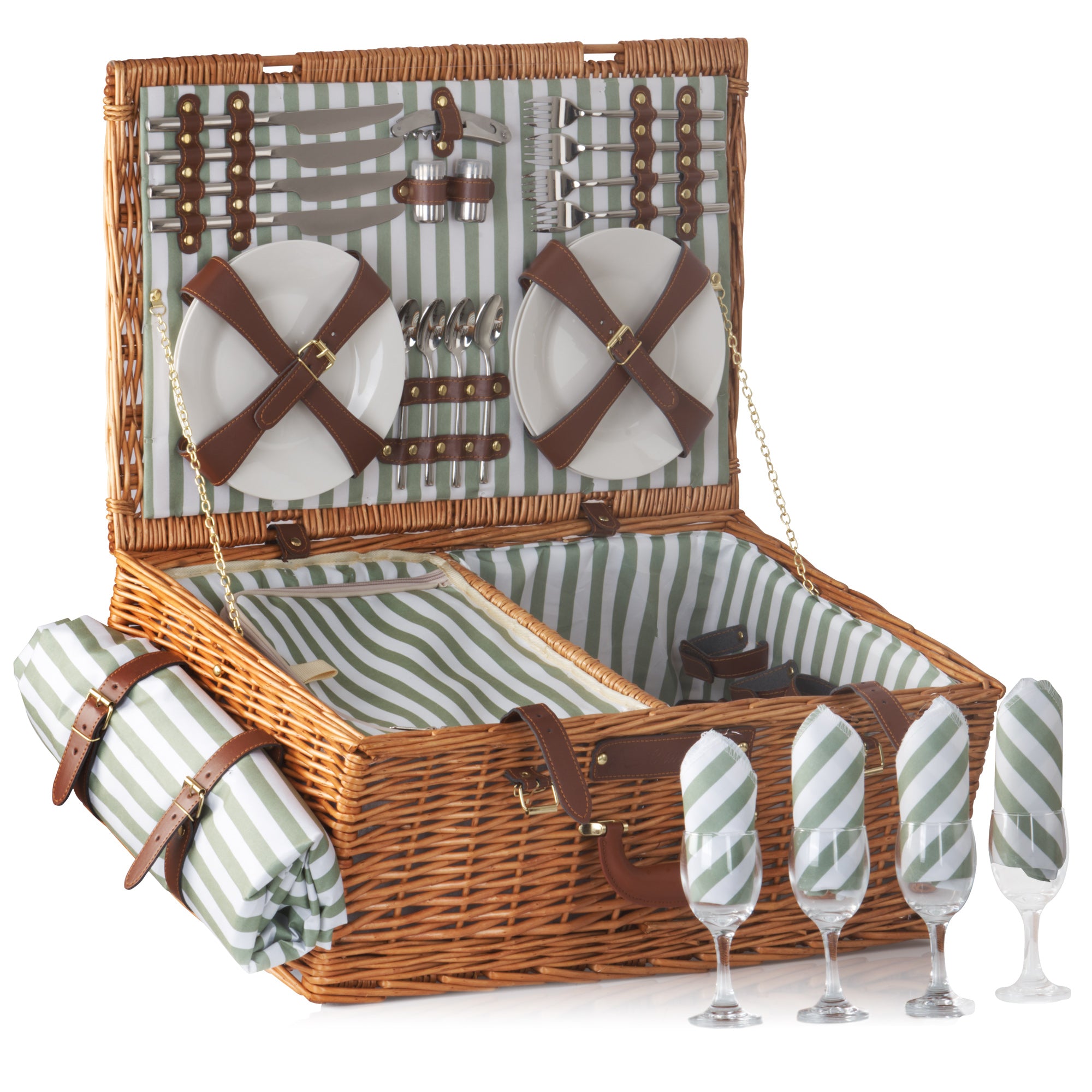 Picnic basket, including cooler compartment and 29-piece dinnerware set, for 4 people