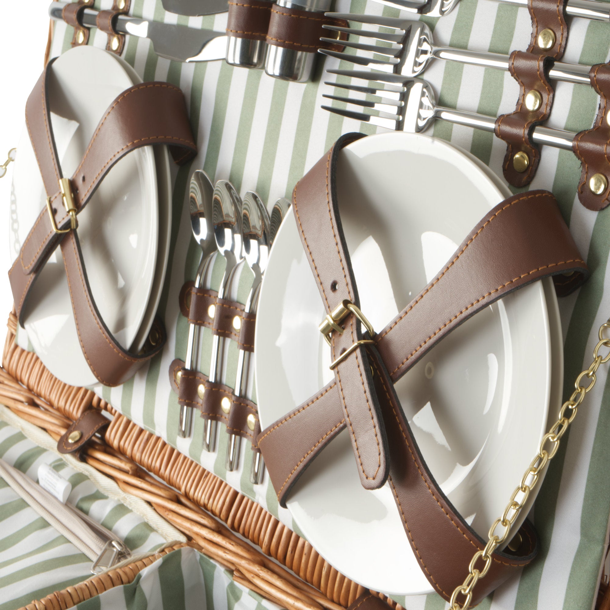 Picnic basket, including cooler compartment and 29-piece dinnerware set, for 4 people