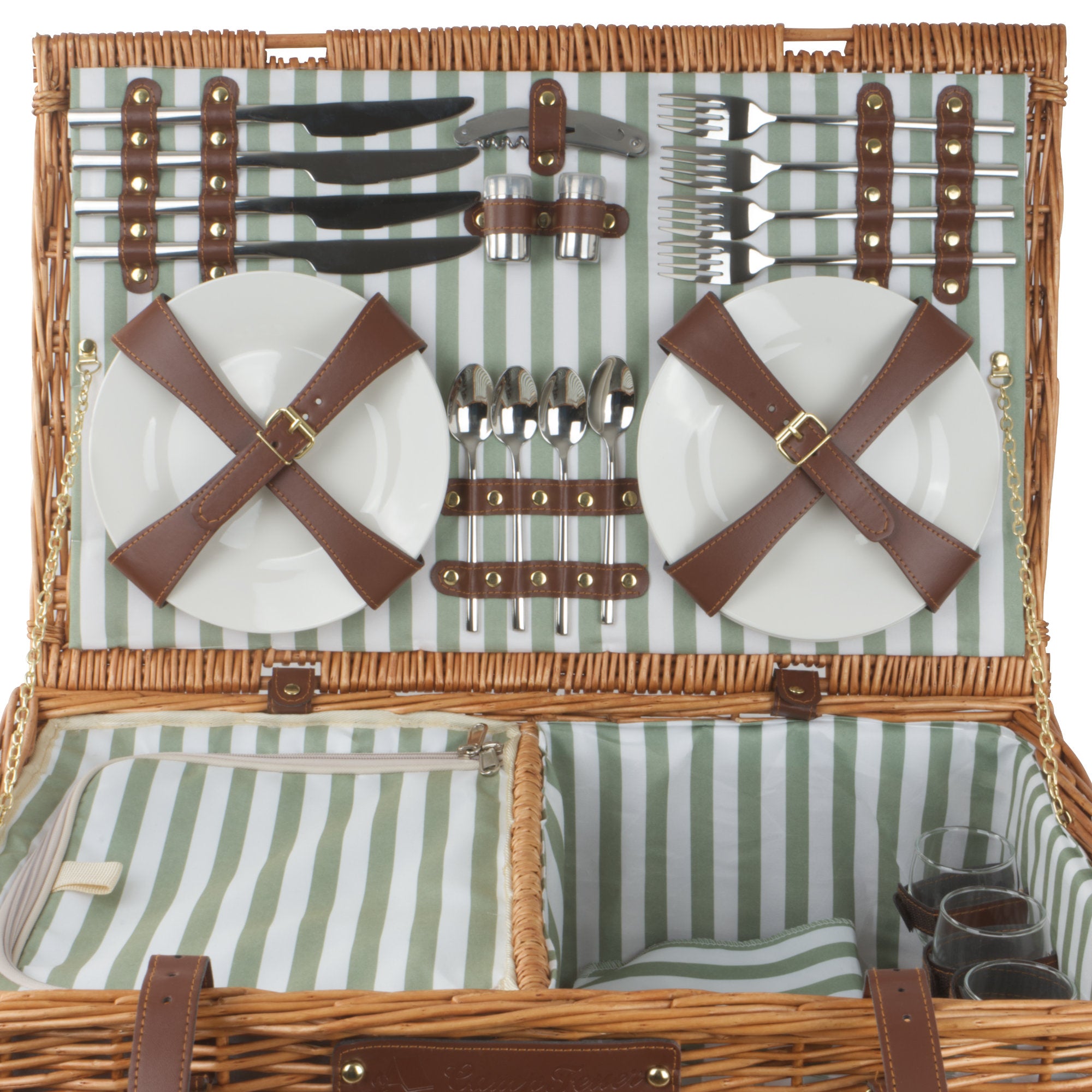 Picnic basket, including cooler compartment and 29-piece dinnerware set, for 4 people