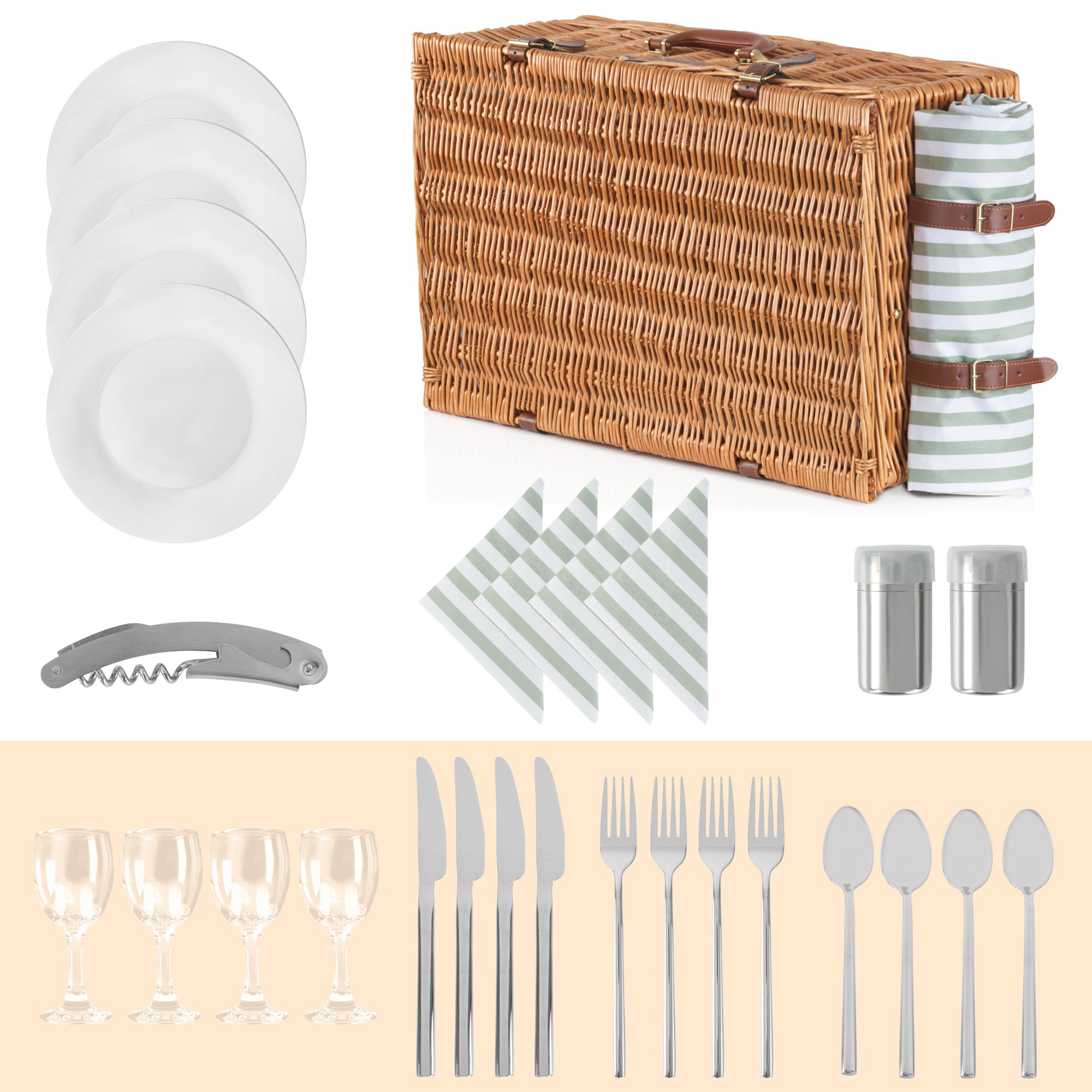 Picnic basket, including cooler compartment and 29-piece dinnerware set, for 4 people