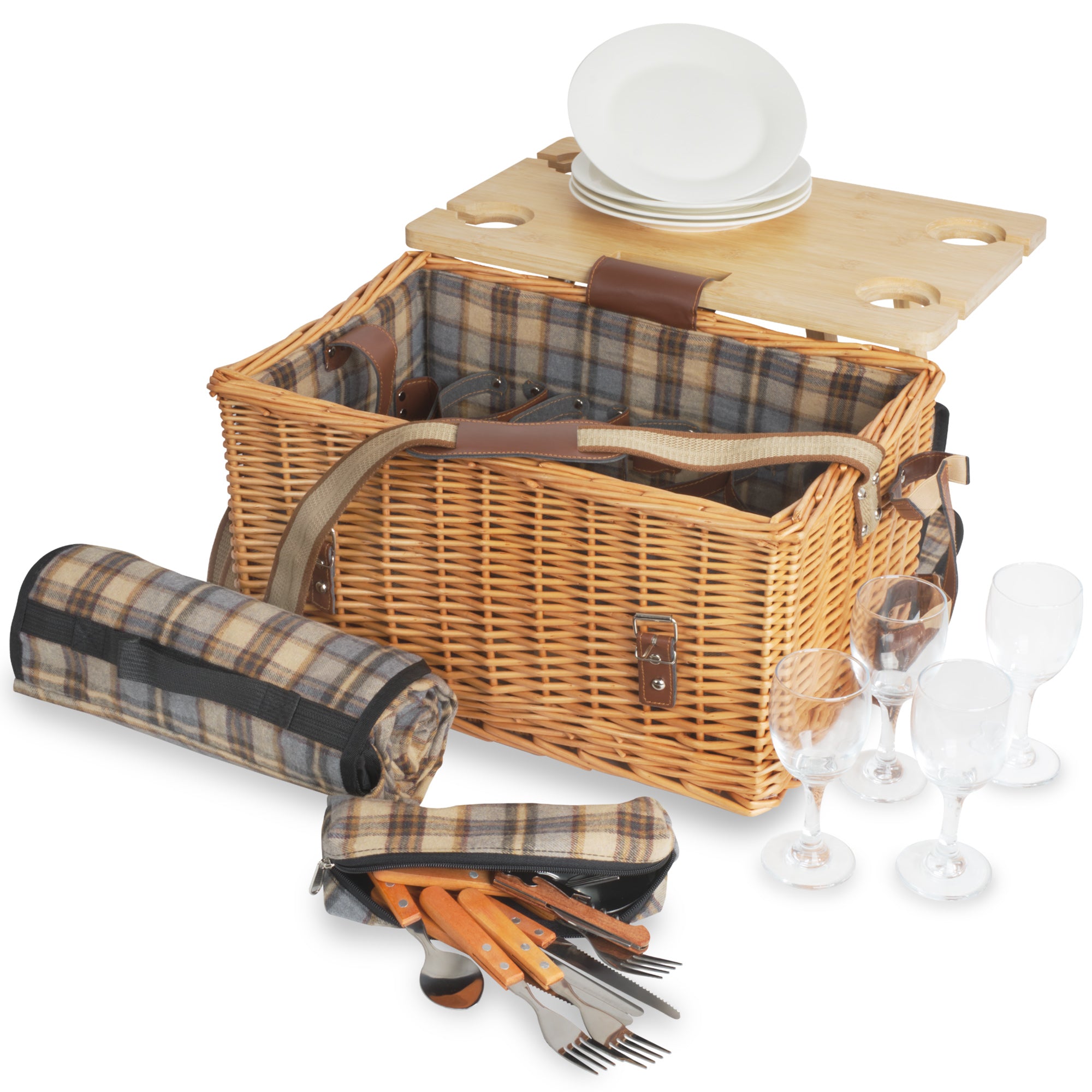 Picnic basket, including serving table and 25-piece dinnerware set, for 4 people