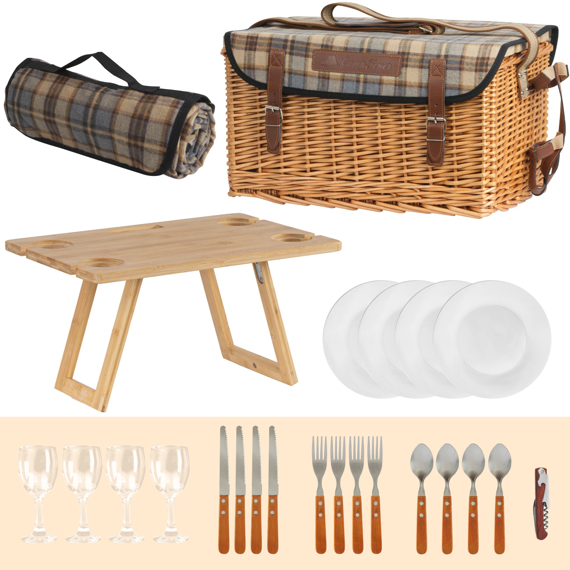 Picnic basket, including serving table and 25-piece dinnerware set, for 4 people