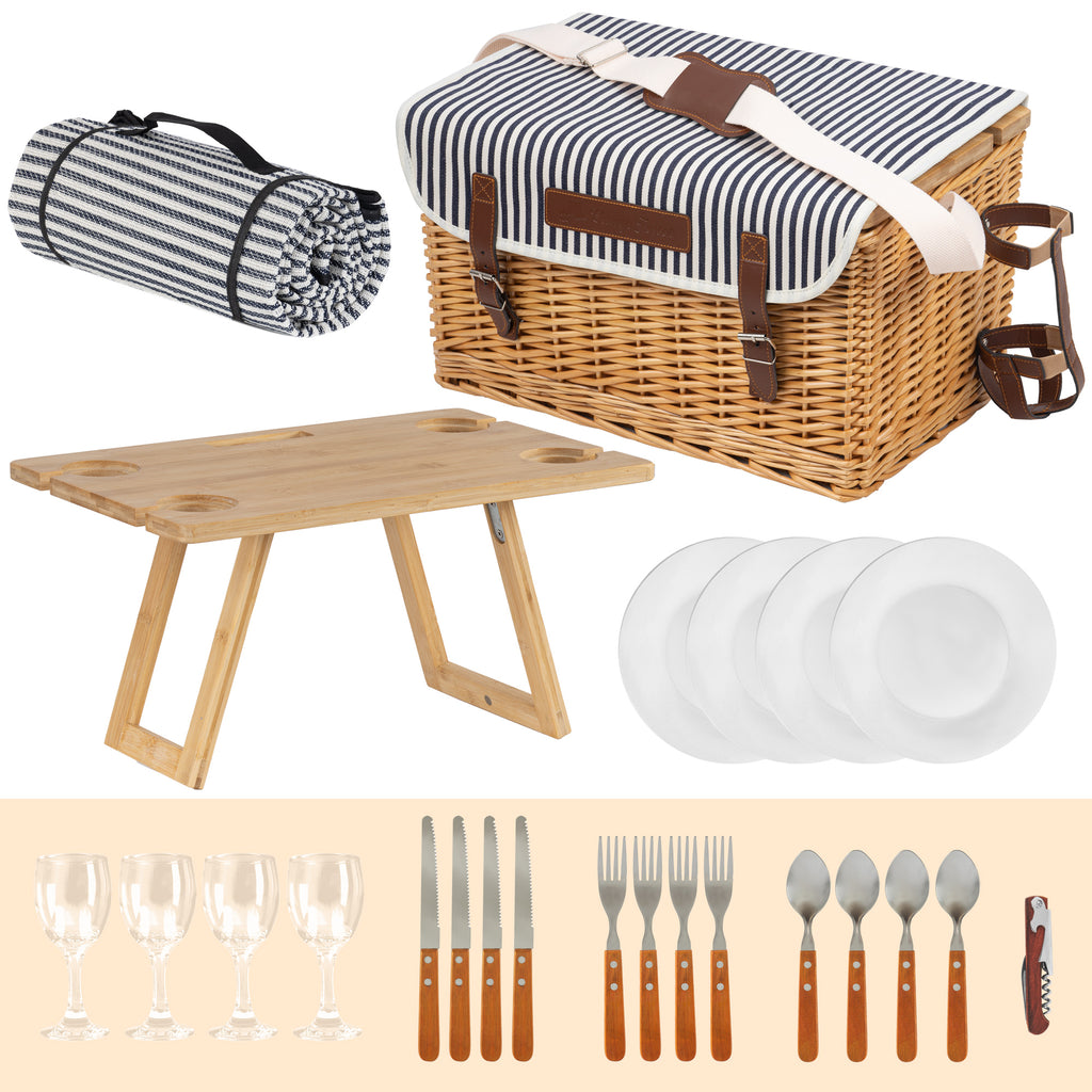 Picnic basket, including serving table and 25-piece dinnerware set, for 4 people