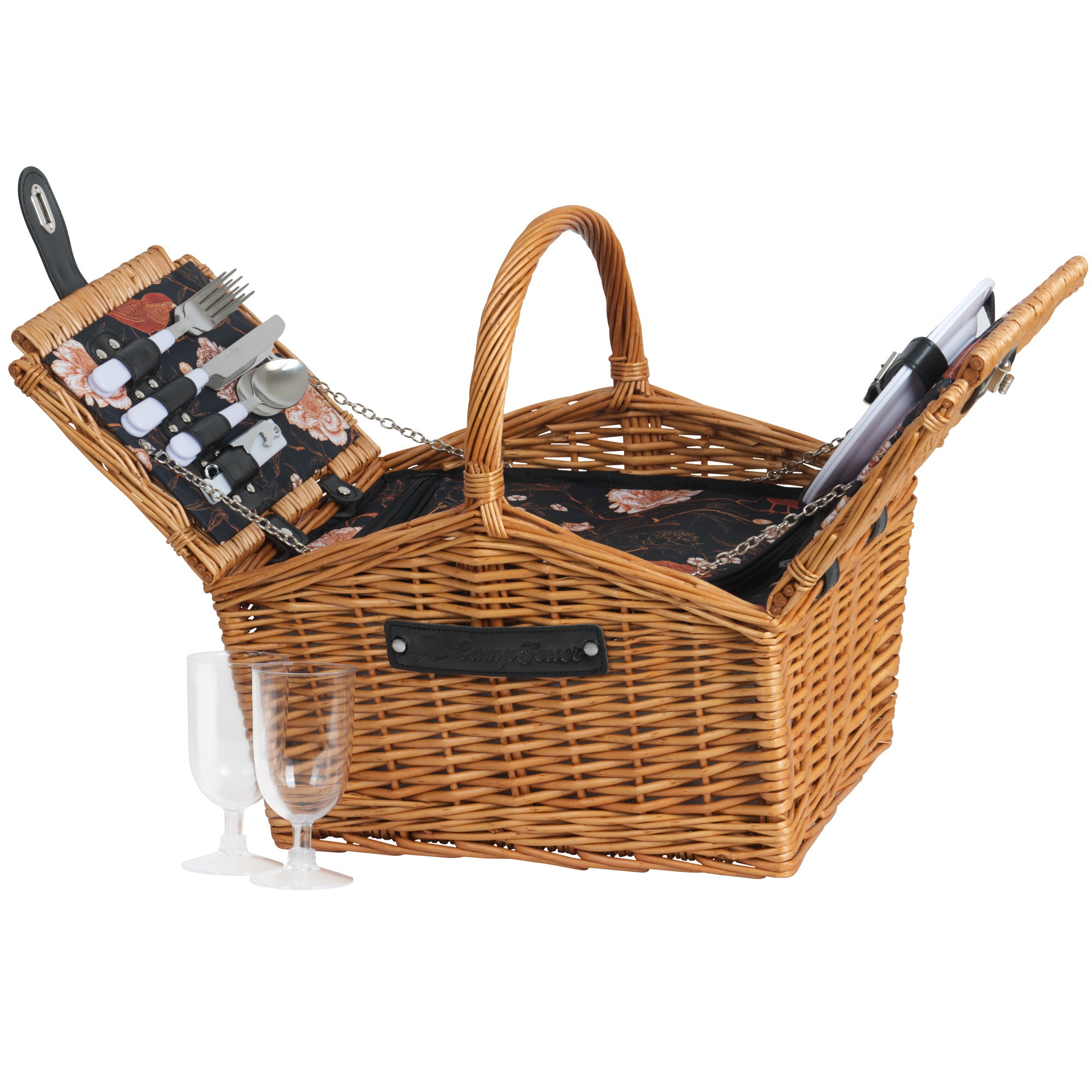 Picnic basket, including cooler compartment and 12-piece tableware set, for 2 people