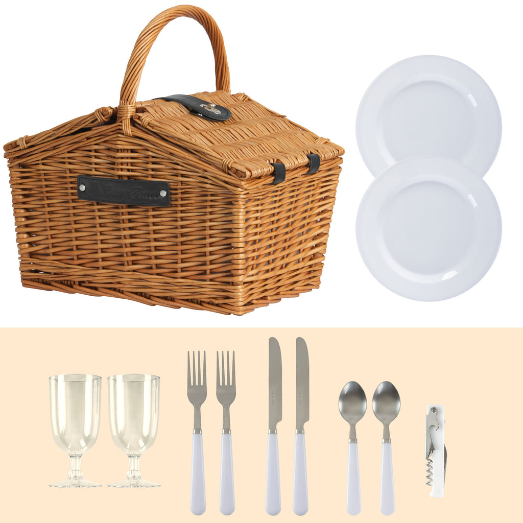 Panier de pique-nique, comprenant un compartiment isotherme et un service de table de 12 pièces, pour 2 personnes