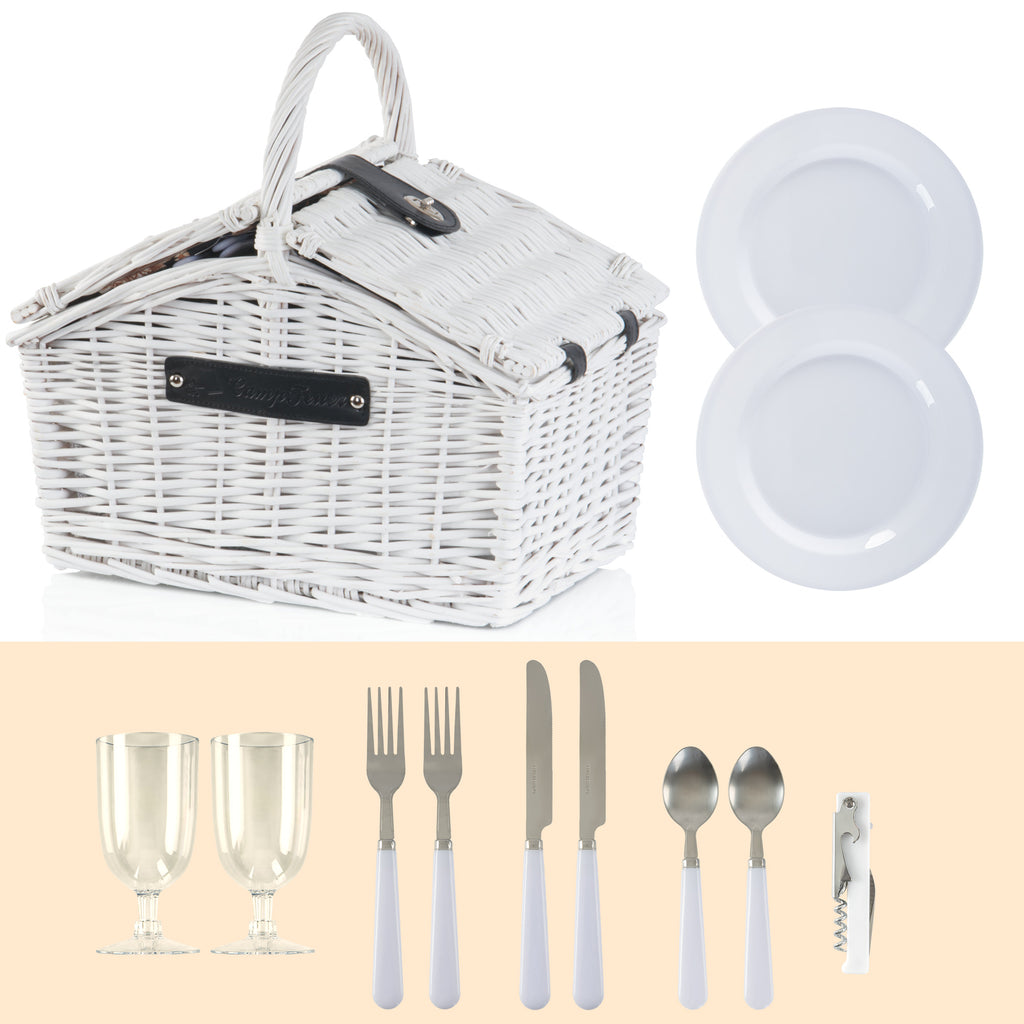 Panier de pique-nique, comprenant un compartiment isotherme et un service de table de 12 pièces, pour 2 personnes