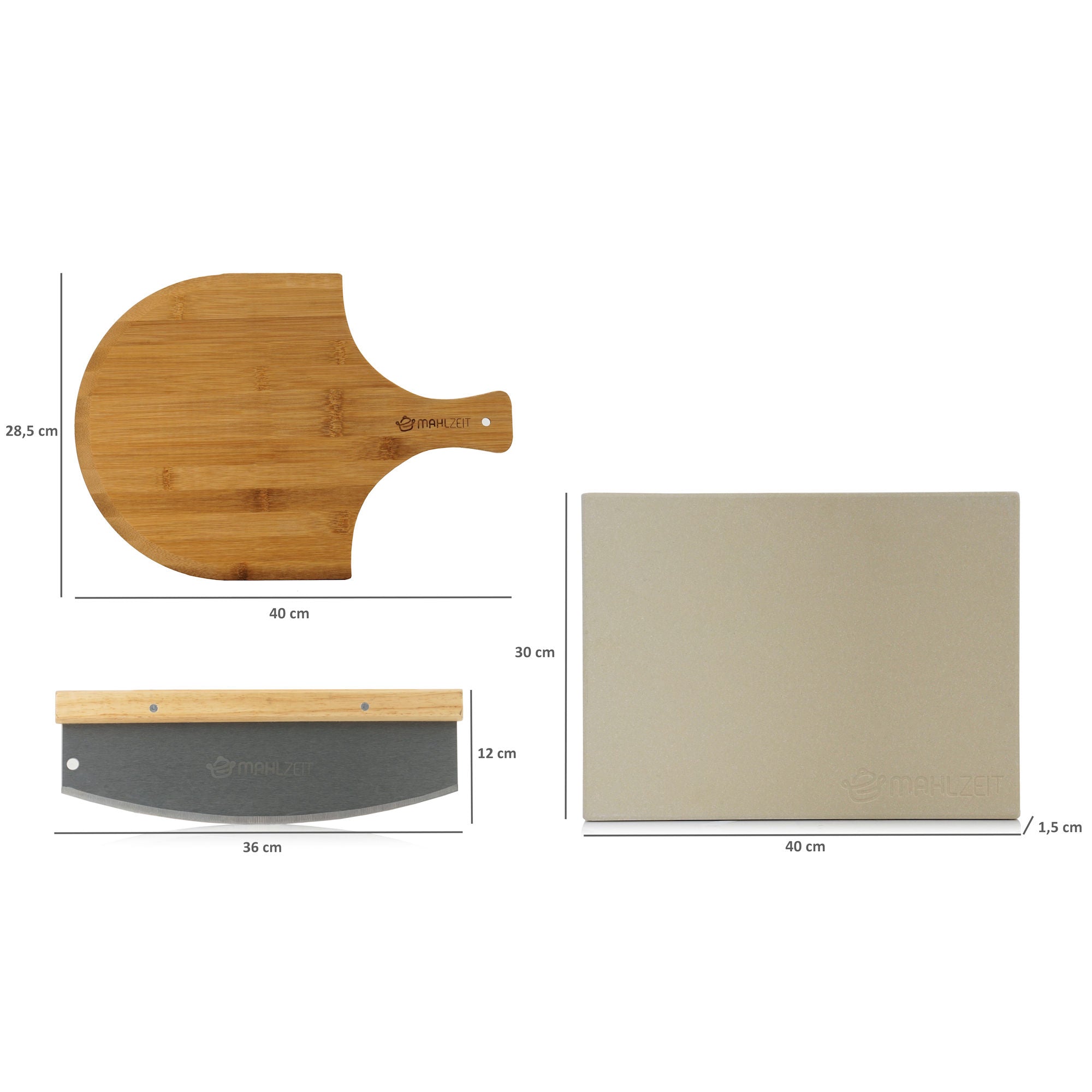 Ensemble à pizza 3 pièces, pierre à pizza 40 x 30 cm, pelle et couteau inclus