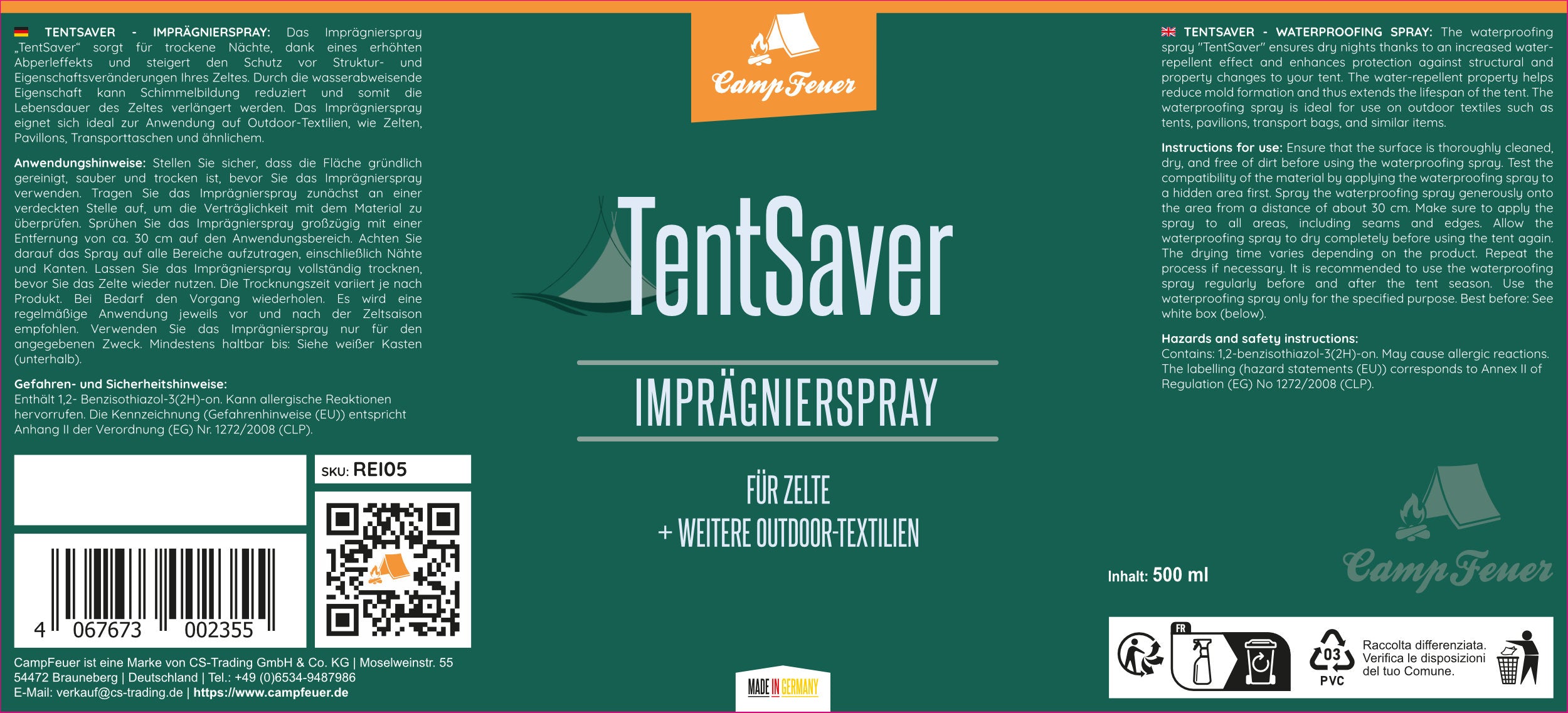 Waterproofing spray "TentSaver", 500 ml, for tents and textiles