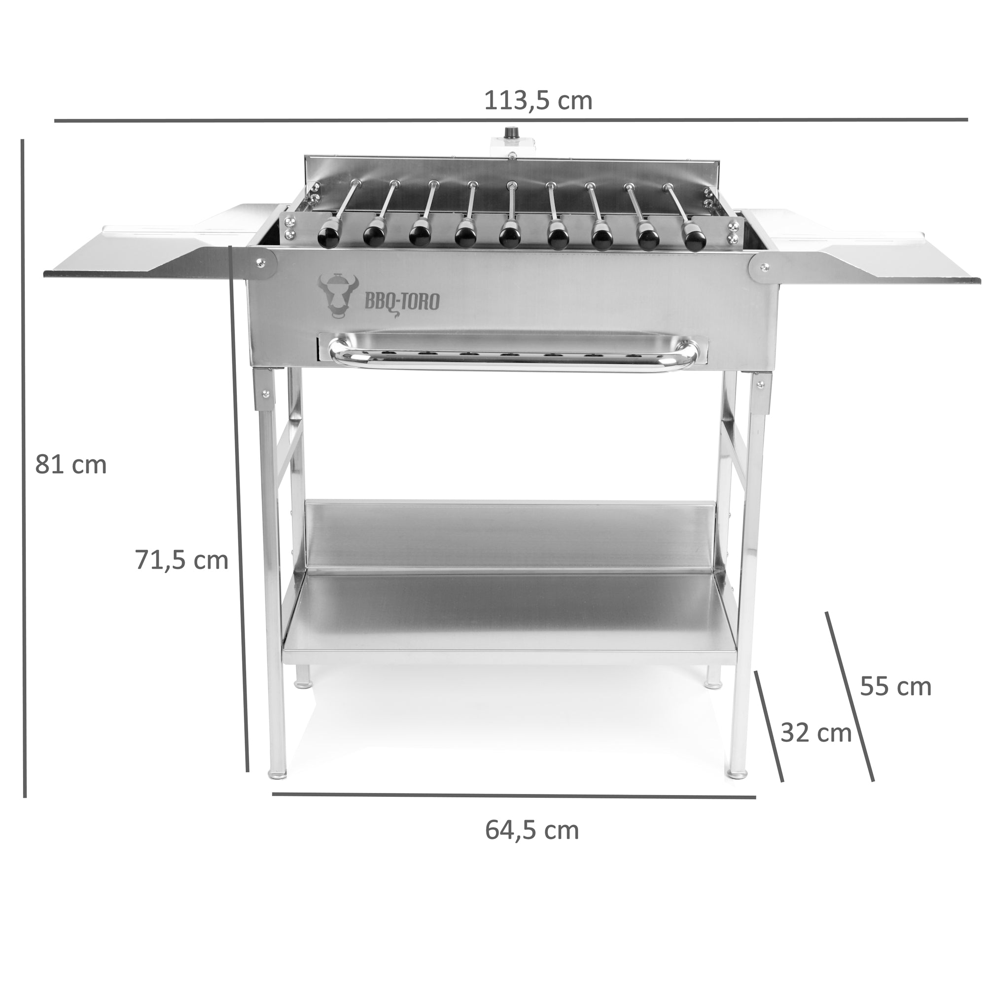 Grill with rotisserie attachment, 9 skewers, stainless steel, including motor.