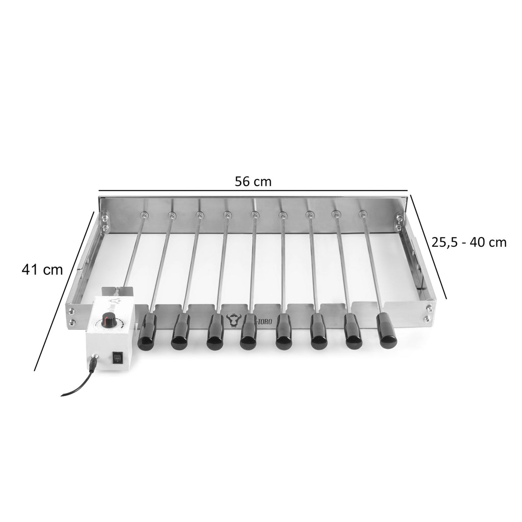 Accessoire pour grillades, 9 brochettes, 56 x 26-40 cm, acier inoxydable, moteur inclus à gauche