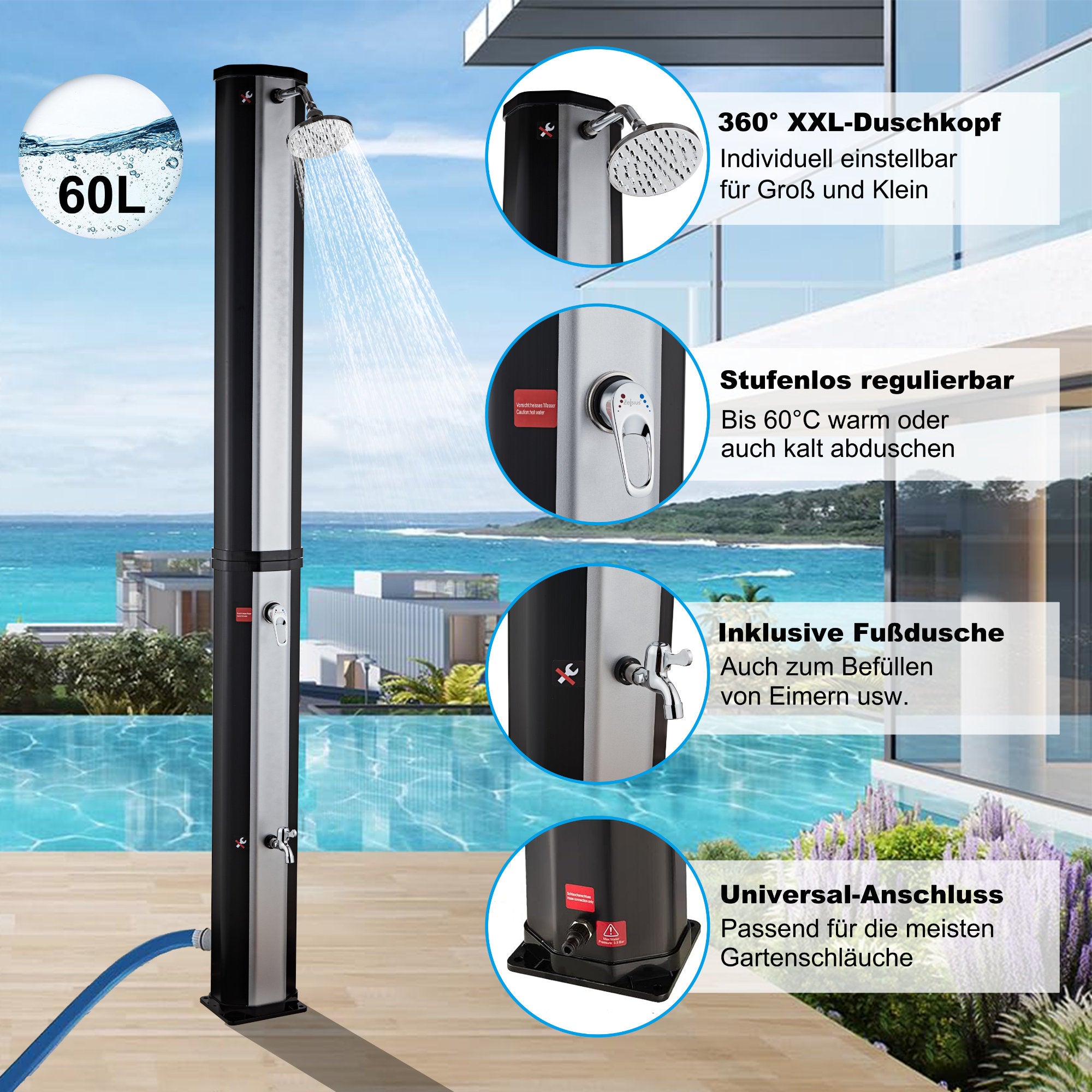 Douche solaire « Taree », 60 litres, comprenant robinet et douchette pour les pieds