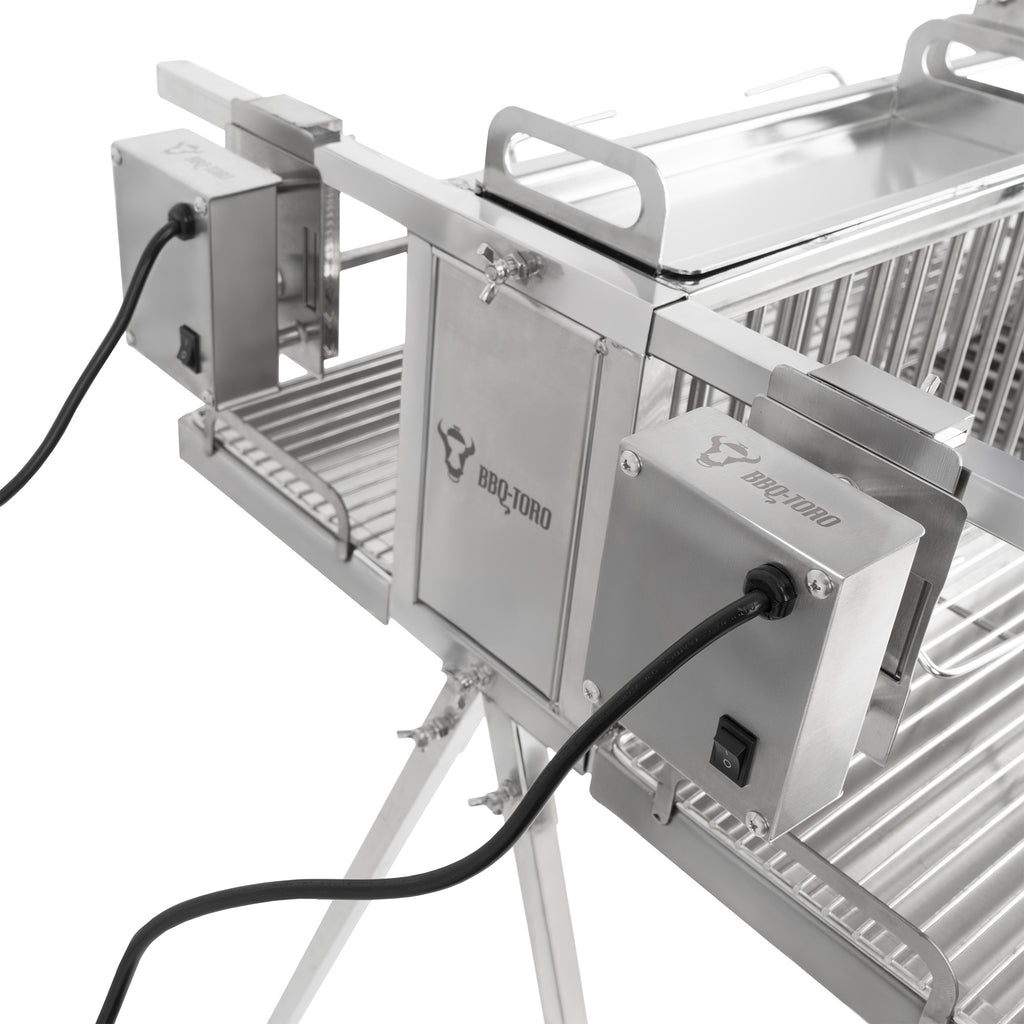 Gril à rôtisserie double, en acier inoxydable, comprenant un moteur et deux broches à rôtisserie