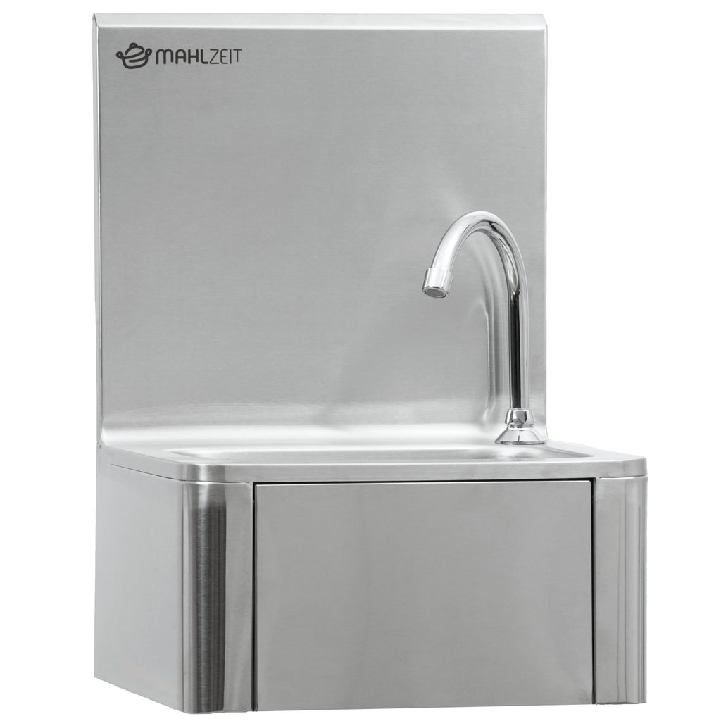 Stainless steel hand basin, including knee-operated pump and soap dispenser