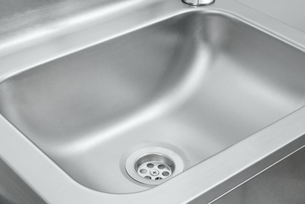 Stainless steel hand basin, including knee-operated pump and soap dispenser