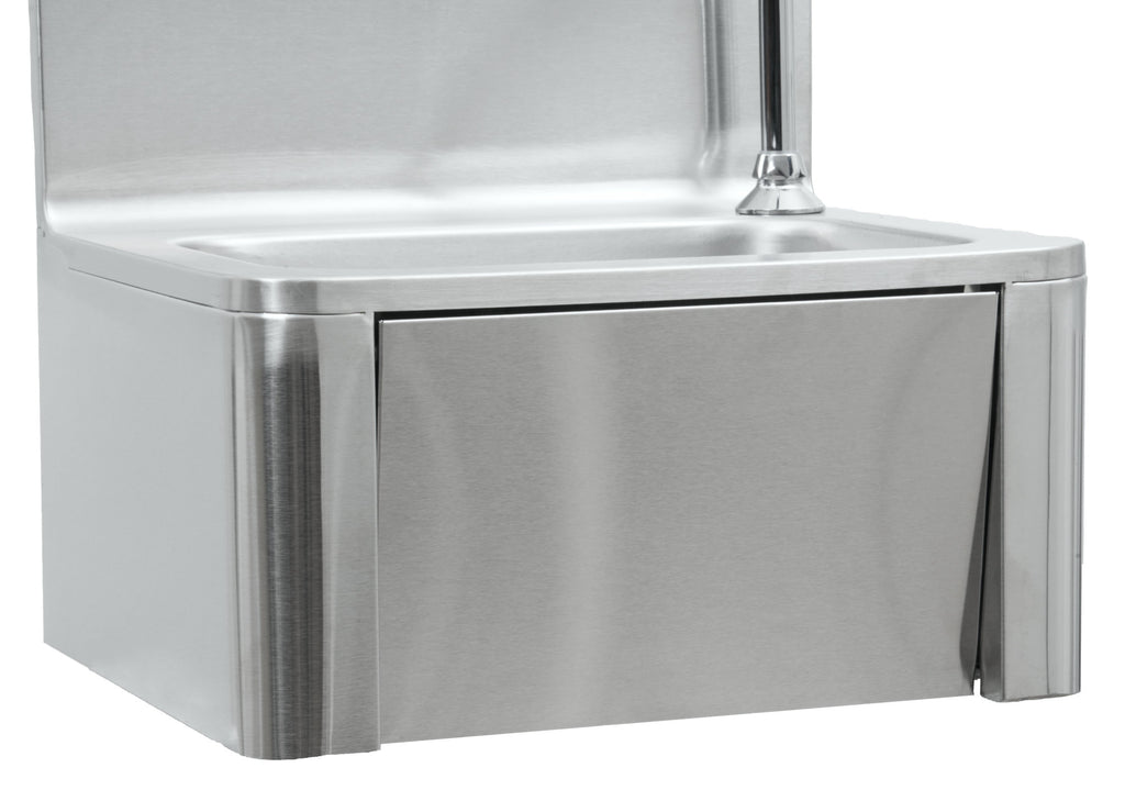 Stainless steel hand basin, including knee-operated pump and soap dispenser