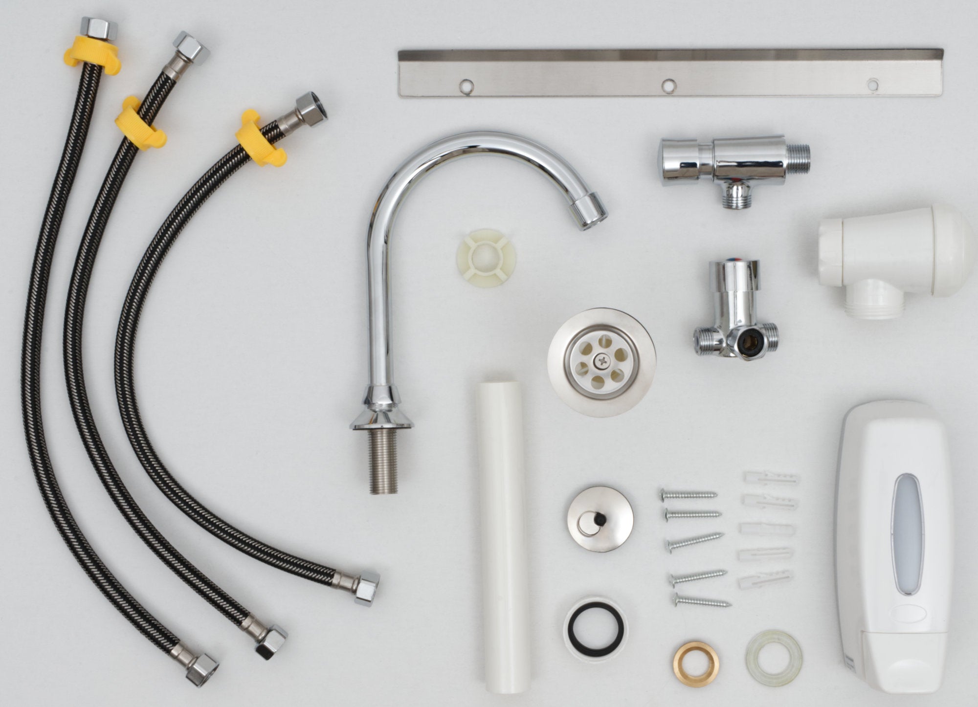 Stainless steel hand basin, including knee-operated pump and soap dispenser