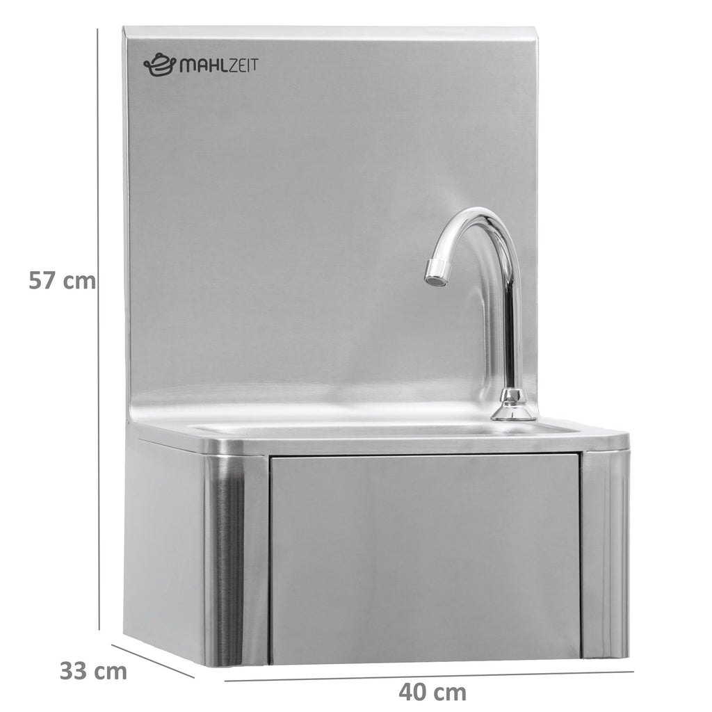 Stainless steel hand basin, including knee-operated pump and soap dispenser