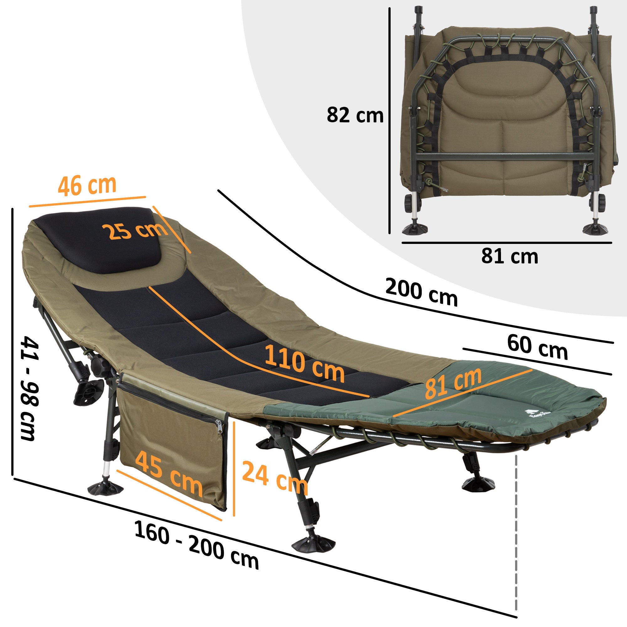 karpfenliege mit zelt Karpfenliege "XXL", 200 x 81 x 41-98 cm, höhenverstellbar – CS-Trading