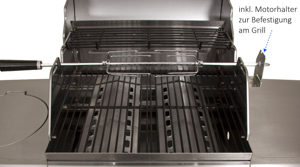 Ensemble de brochettes pour barbecue, 120 cm, comprenant un moteur en acier inoxydable et des aiguilles à viande, pour jusqu'à 4 kg d'aliments.