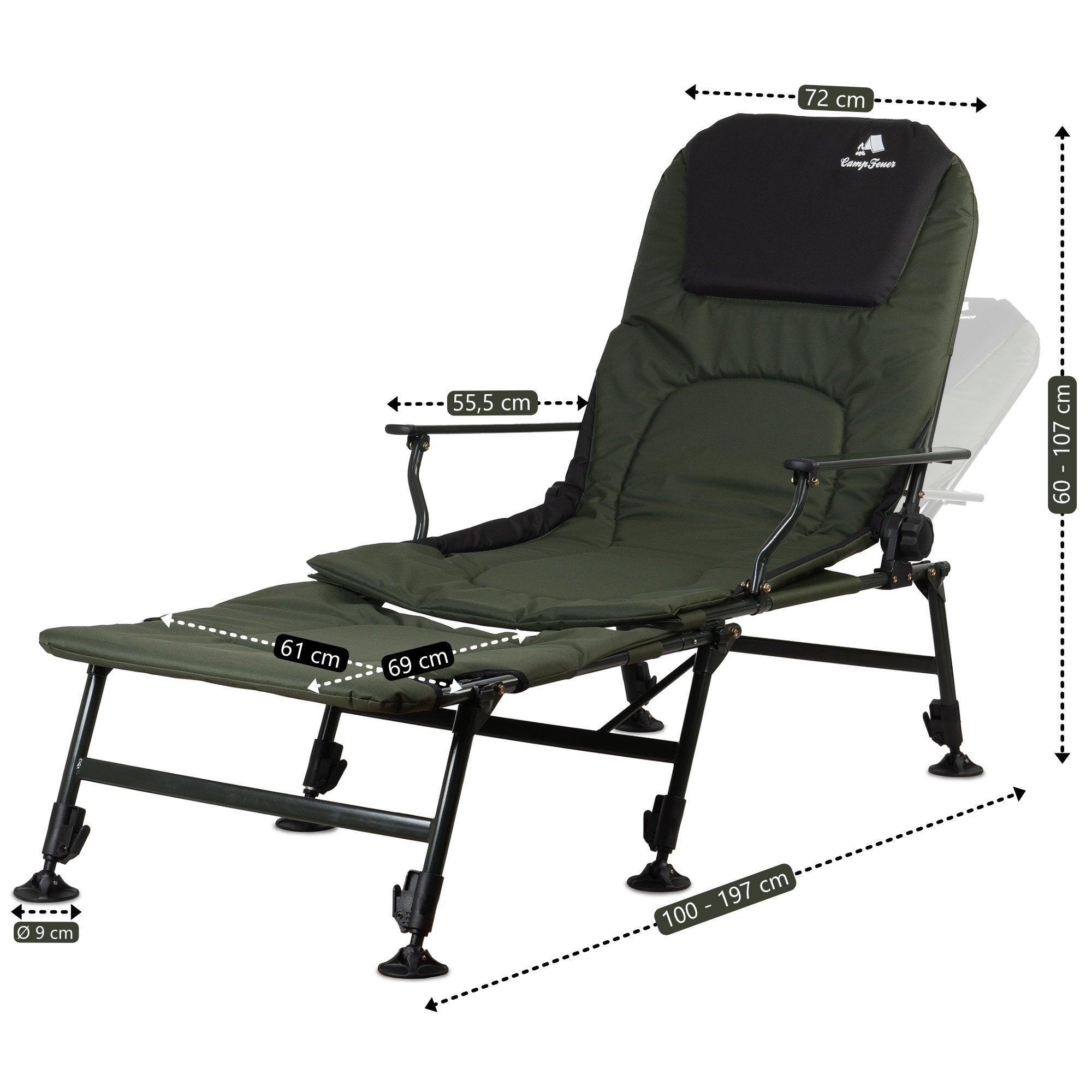 2-in-1 fishing chair, height-adjustable fishing lounger