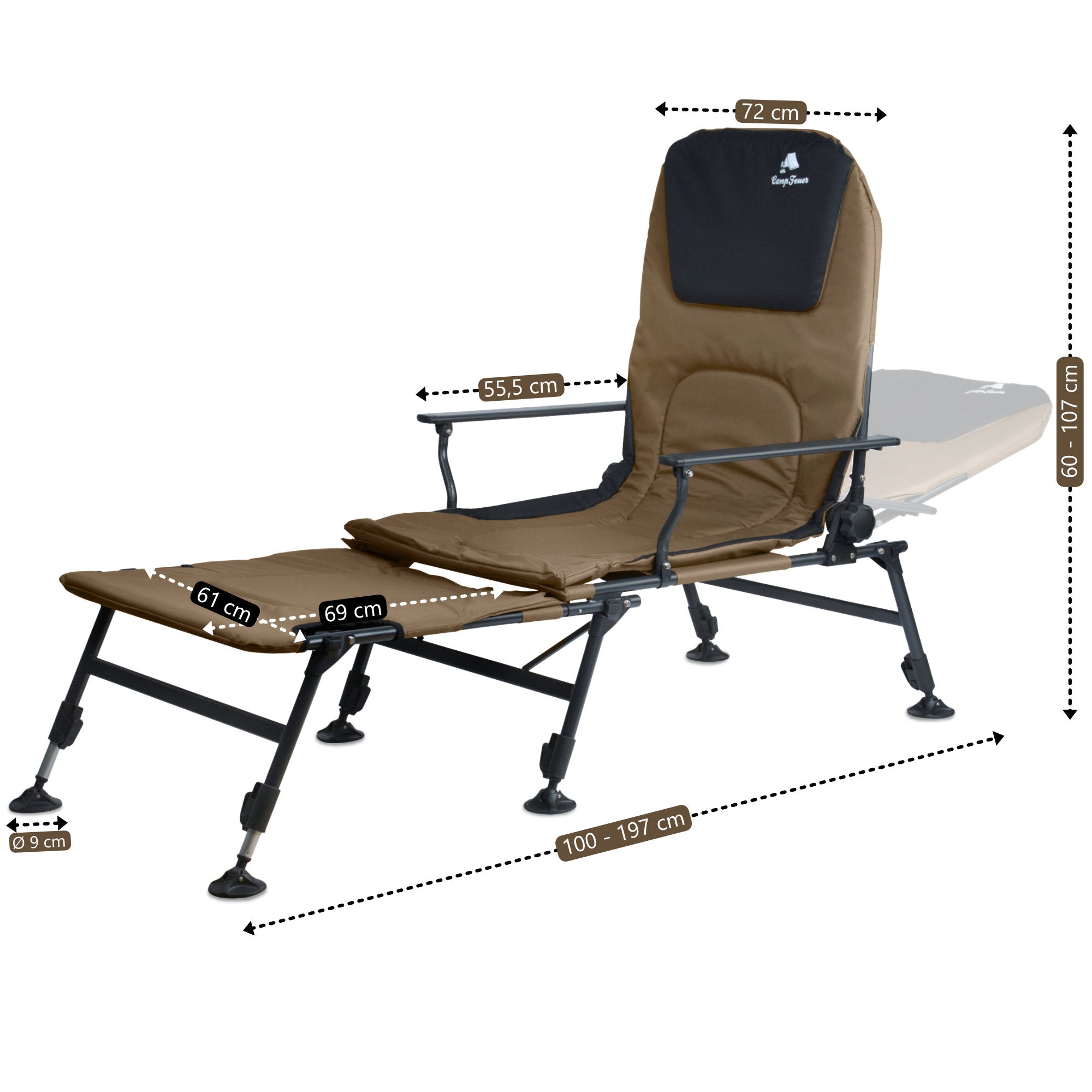 2-in-1 fishing chair, height-adjustable fishing lounger
