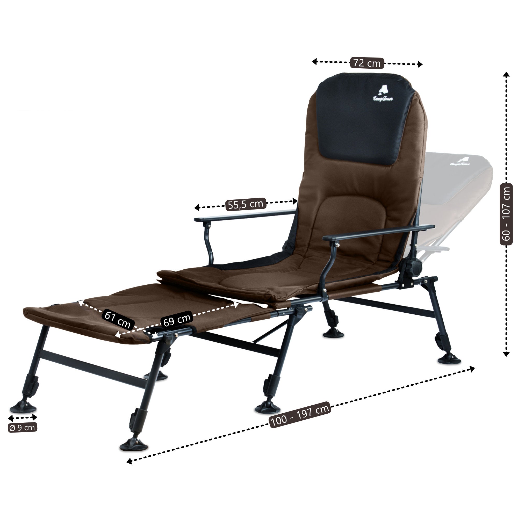 2-in-1 fishing chair, height-adjustable fishing lounger
