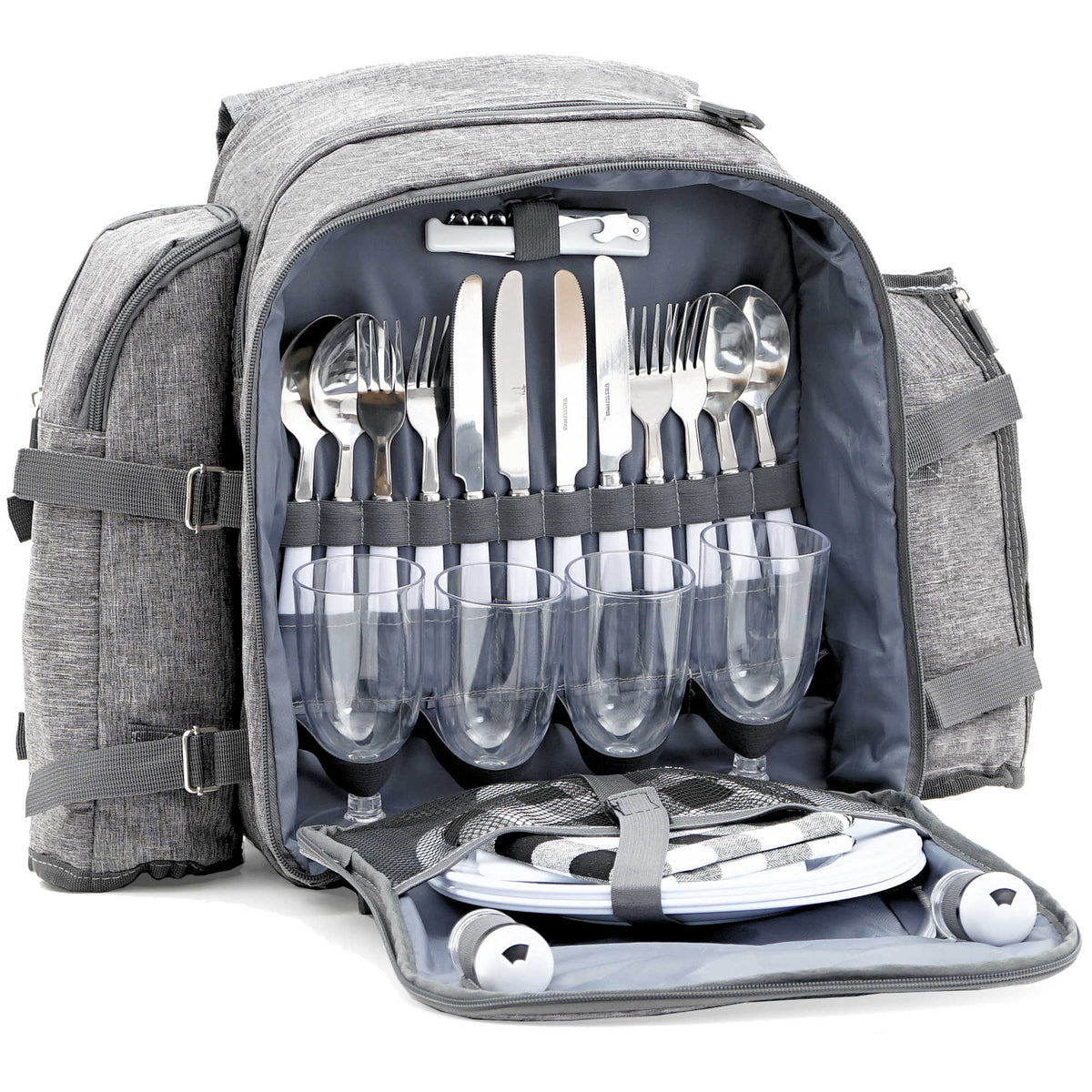 Picknickrucksack, grau, 32-teilig, 4 Personen