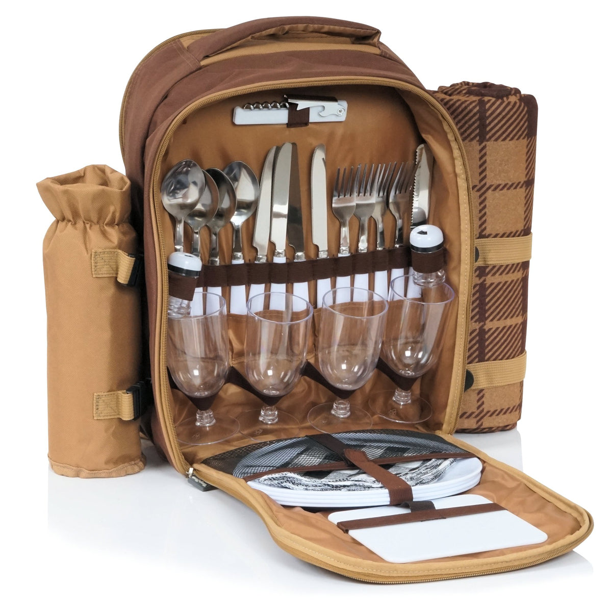 Picknickrucksack, 32-teilig, 4 Personen, wasserdicht - Braun