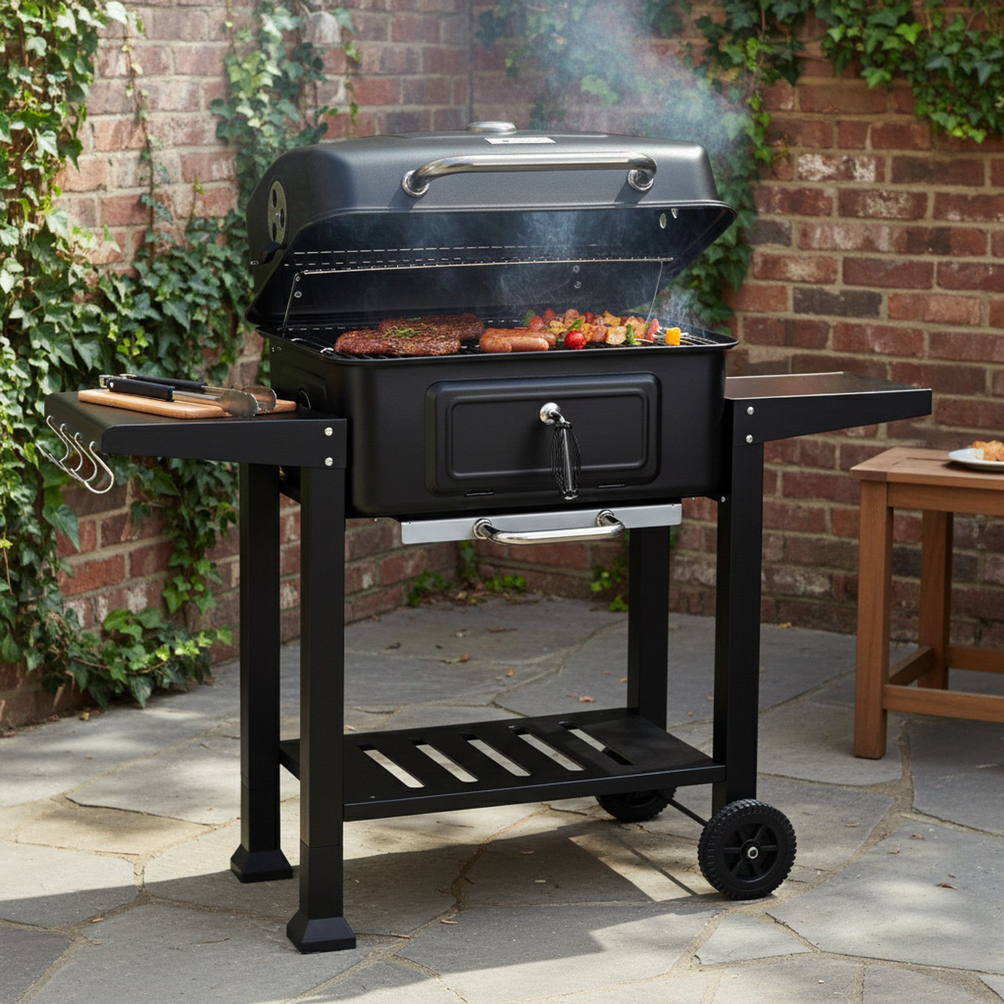 Chariot pour barbecue au charbon de bois, bac à charbon réglable en hauteur, avec thermomètre