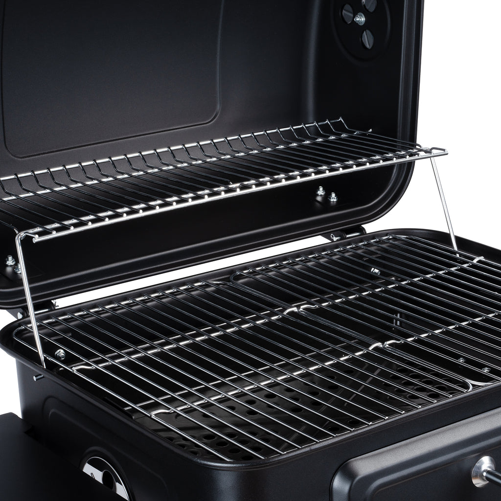 Charcoal grill cart, height-adjustable charcoal tray, including thermometer